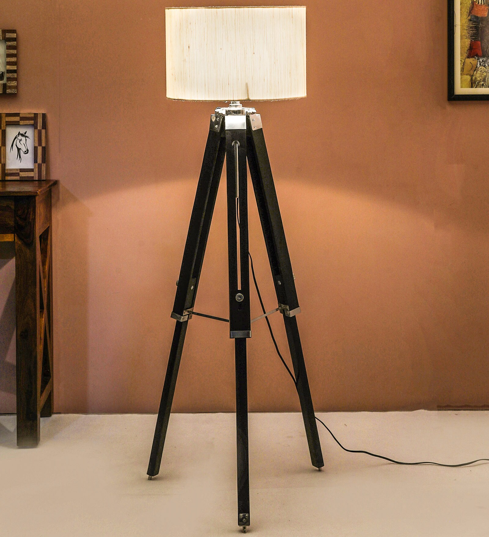 Buy Beige Fabric Shade Tripod Floor Lamp With Brown Base at 31% OFF by ...