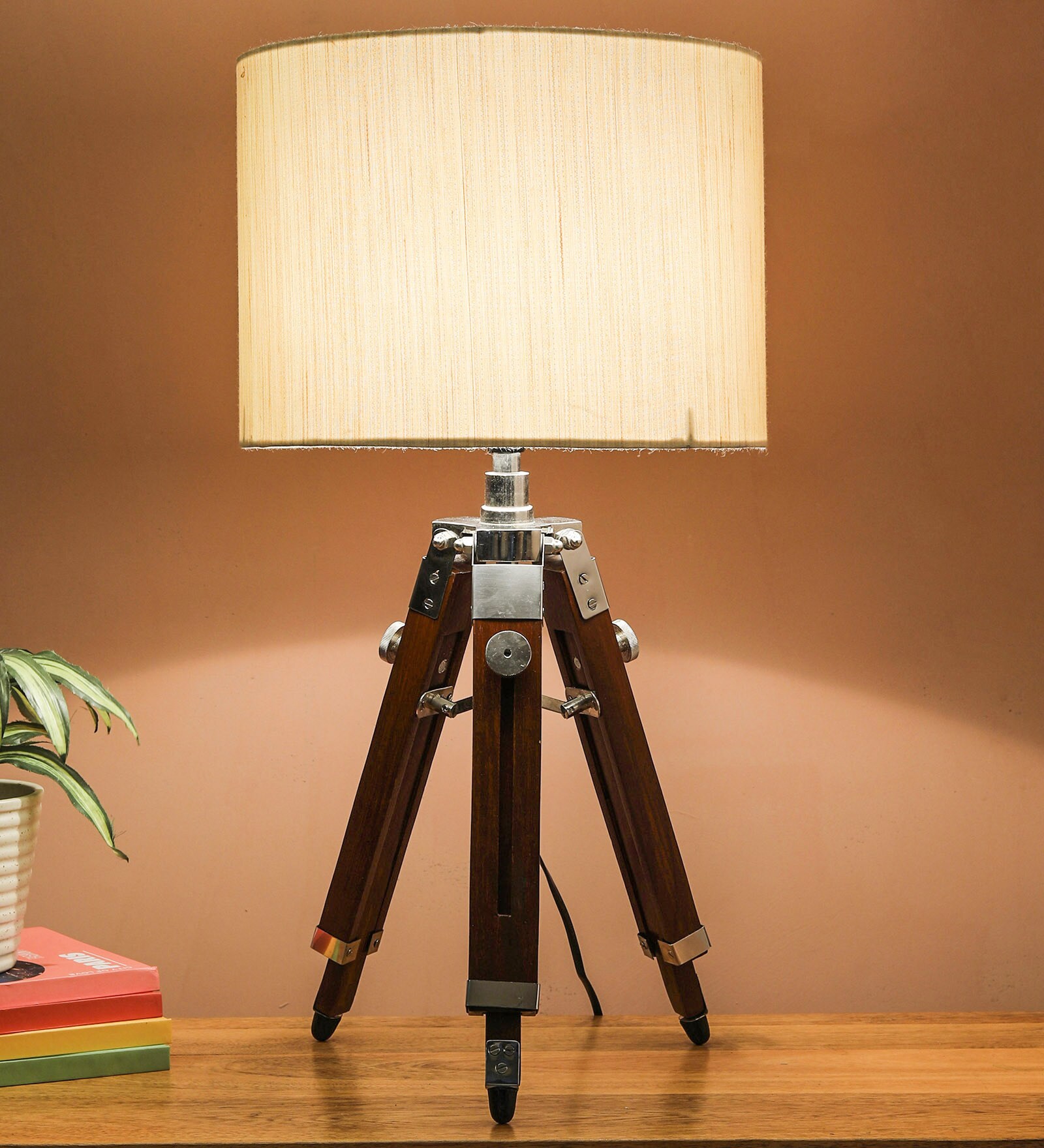 Buy Beige Fabric Shade Tripod Table Lamp with Brown Base by Beverly ...