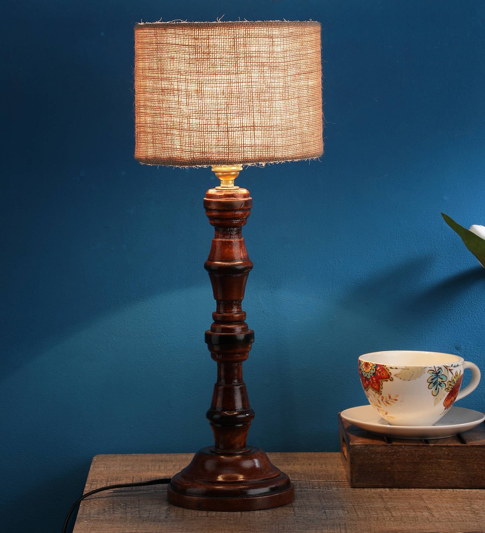 Buy Beige Jute Shade Table Lamp with Wood Base by Tu Casa Online