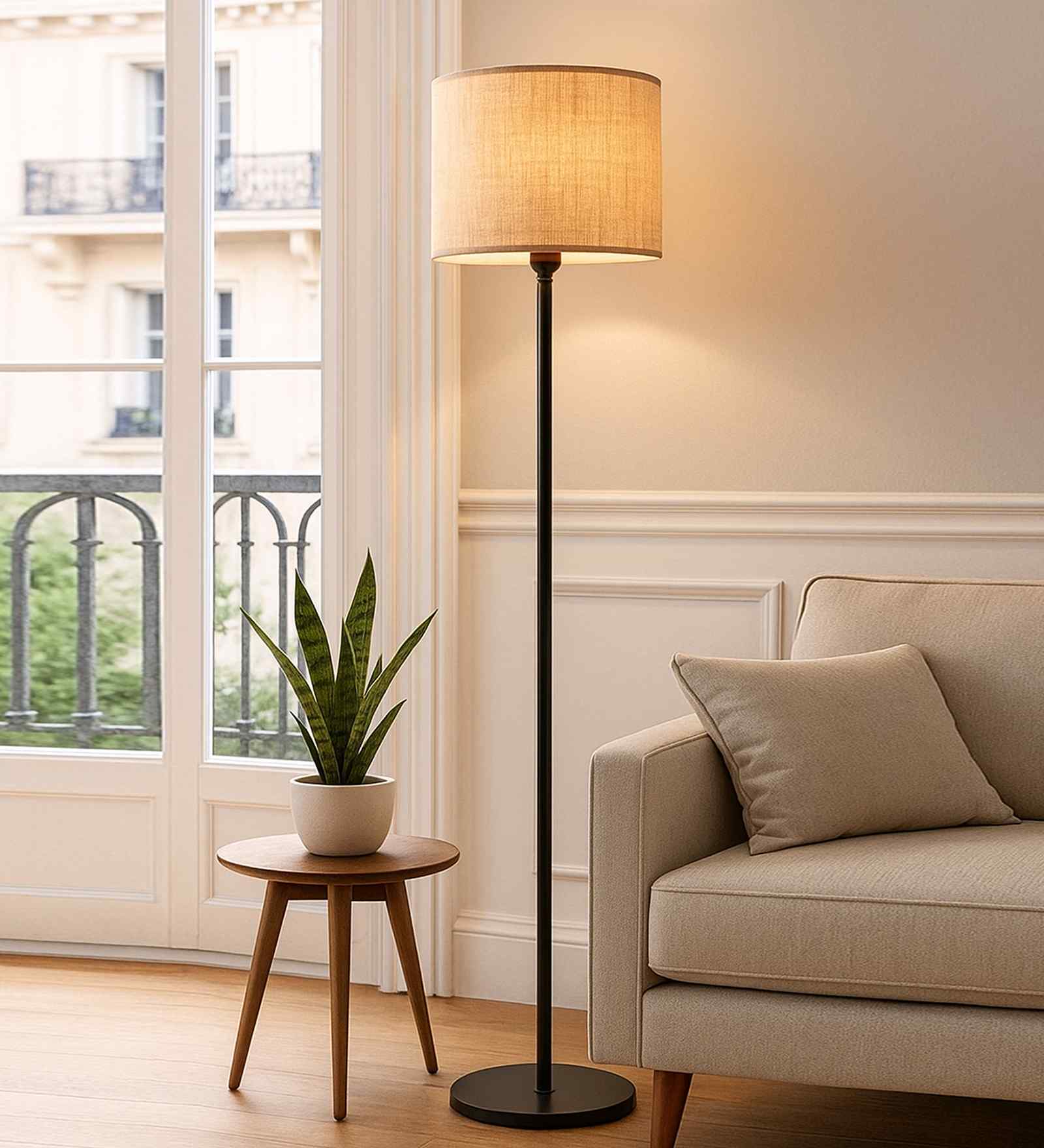 Beige Floor Lamp with Wooden Base