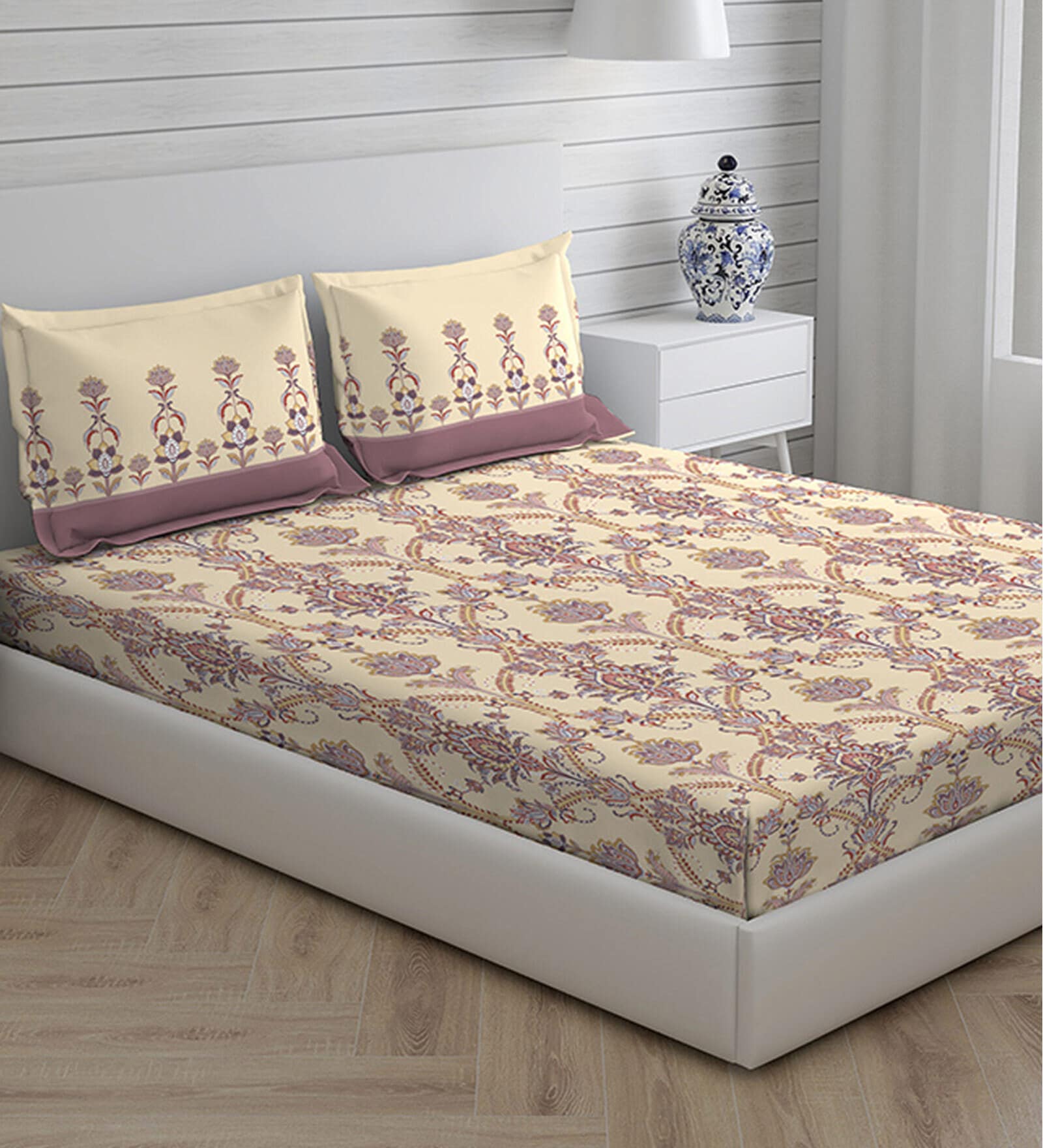 Beige Floral 104 TC Cotton Queen Sized Bed Sheets with 2 Pillow Covers