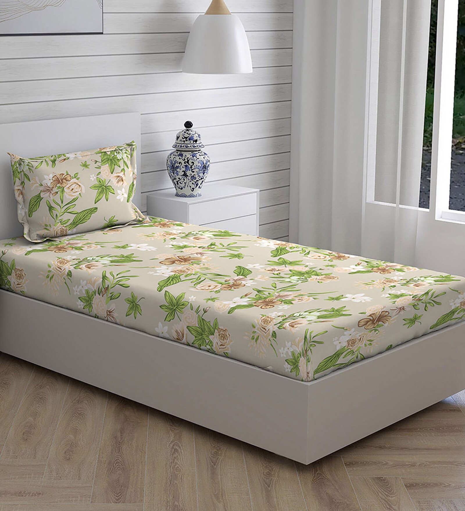 Beige Floral 104 TC Cotton Single Bed Sized Bed Sheets With 1 Pillow Cover