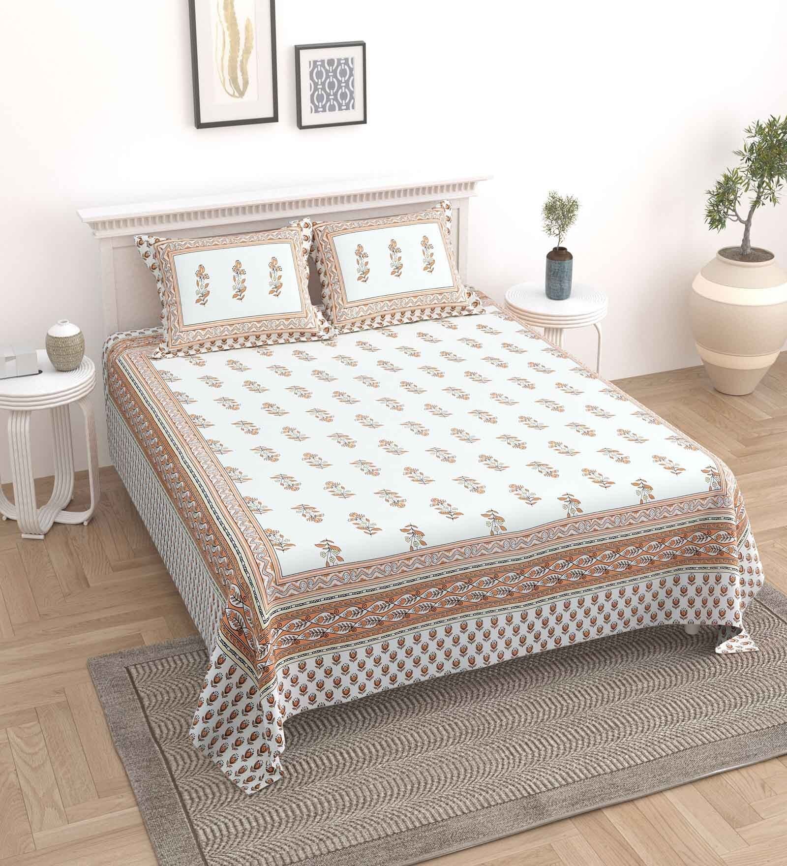 Beige Floral 144 TC Cotton King Bedsheet and 2 Pillow Cover