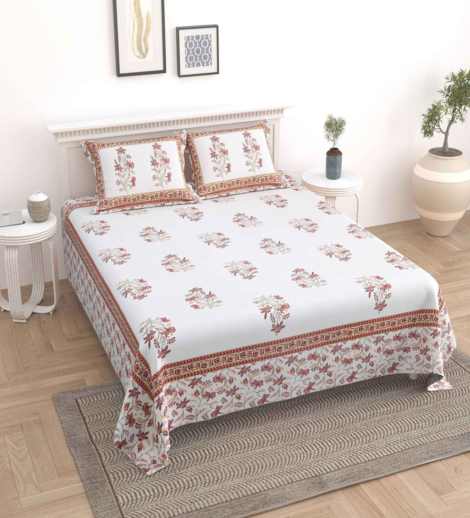 Beige Floral 144 TC Cotton King Bedsheet and 2 Pillow Cover