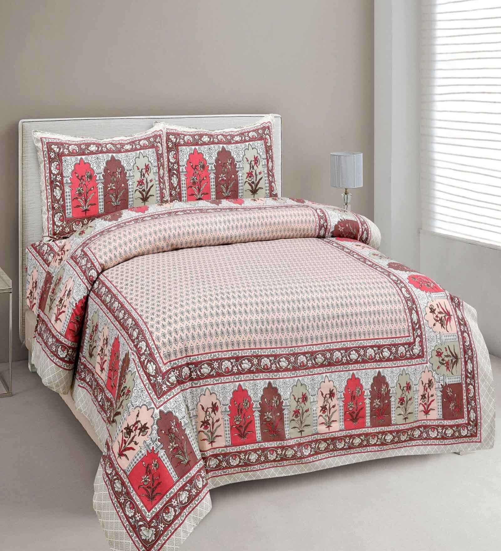 Beige Floral 144 TC Cotton King Bedsheet and 2 Pillow Cover