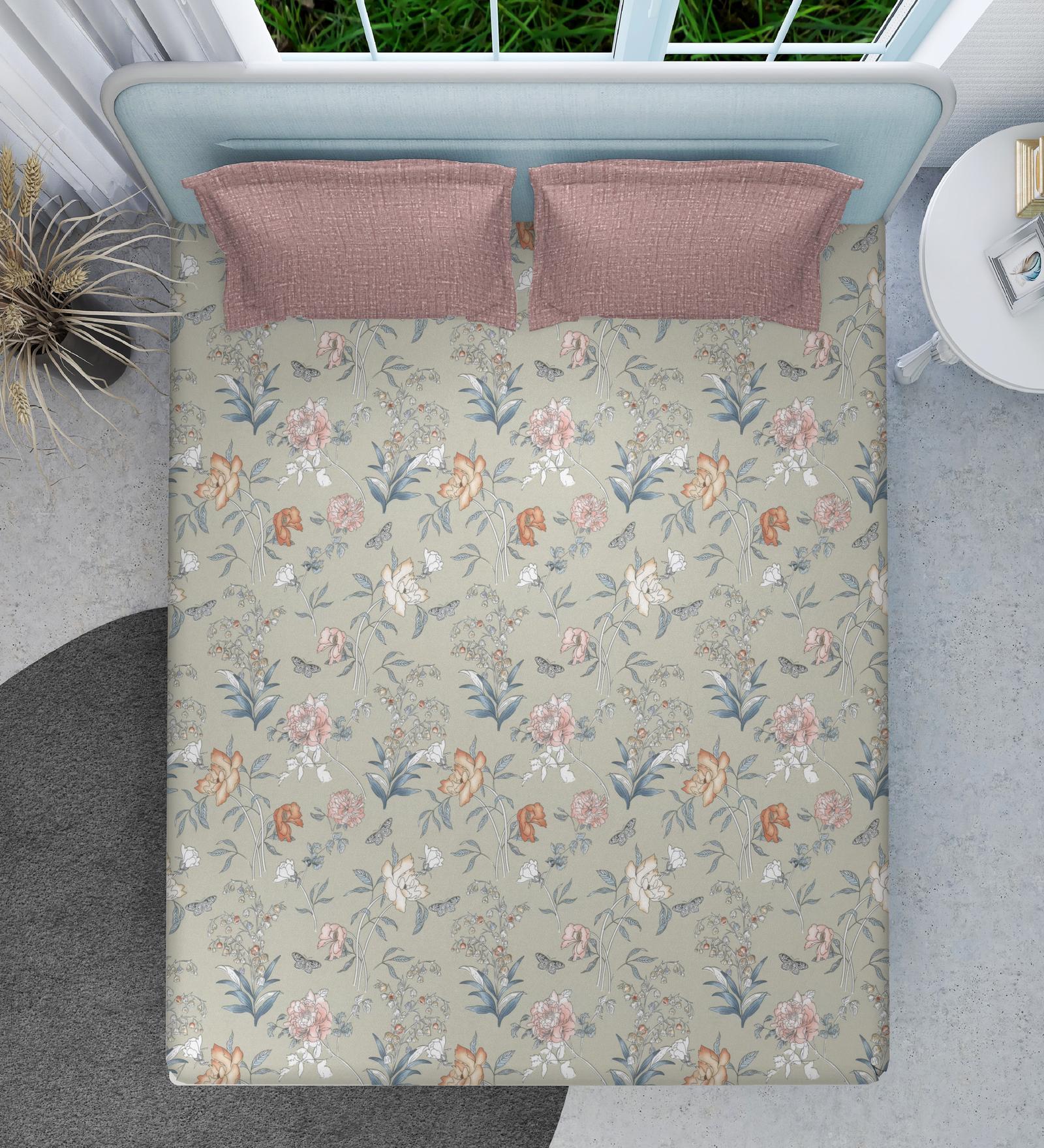 Beige Floral 160 TC Microfiber Queen Sized Double Bedsheet with 2 Pillow Covers Dusky Petals Collection