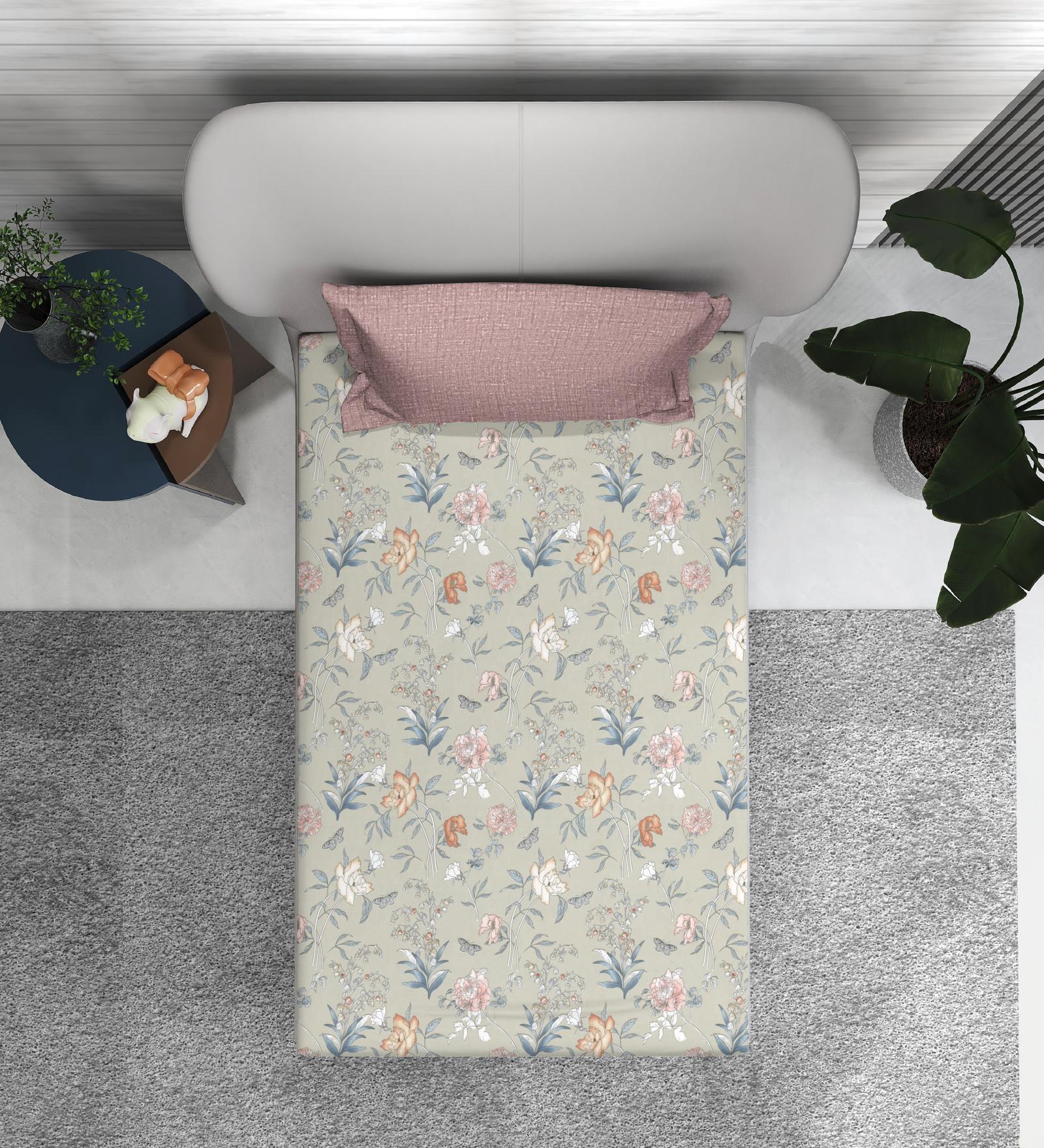 Beige Floral 160 TC Microfiber Single Sized Bedsheet with 1 Pillow Cover Dusky Petals Collection