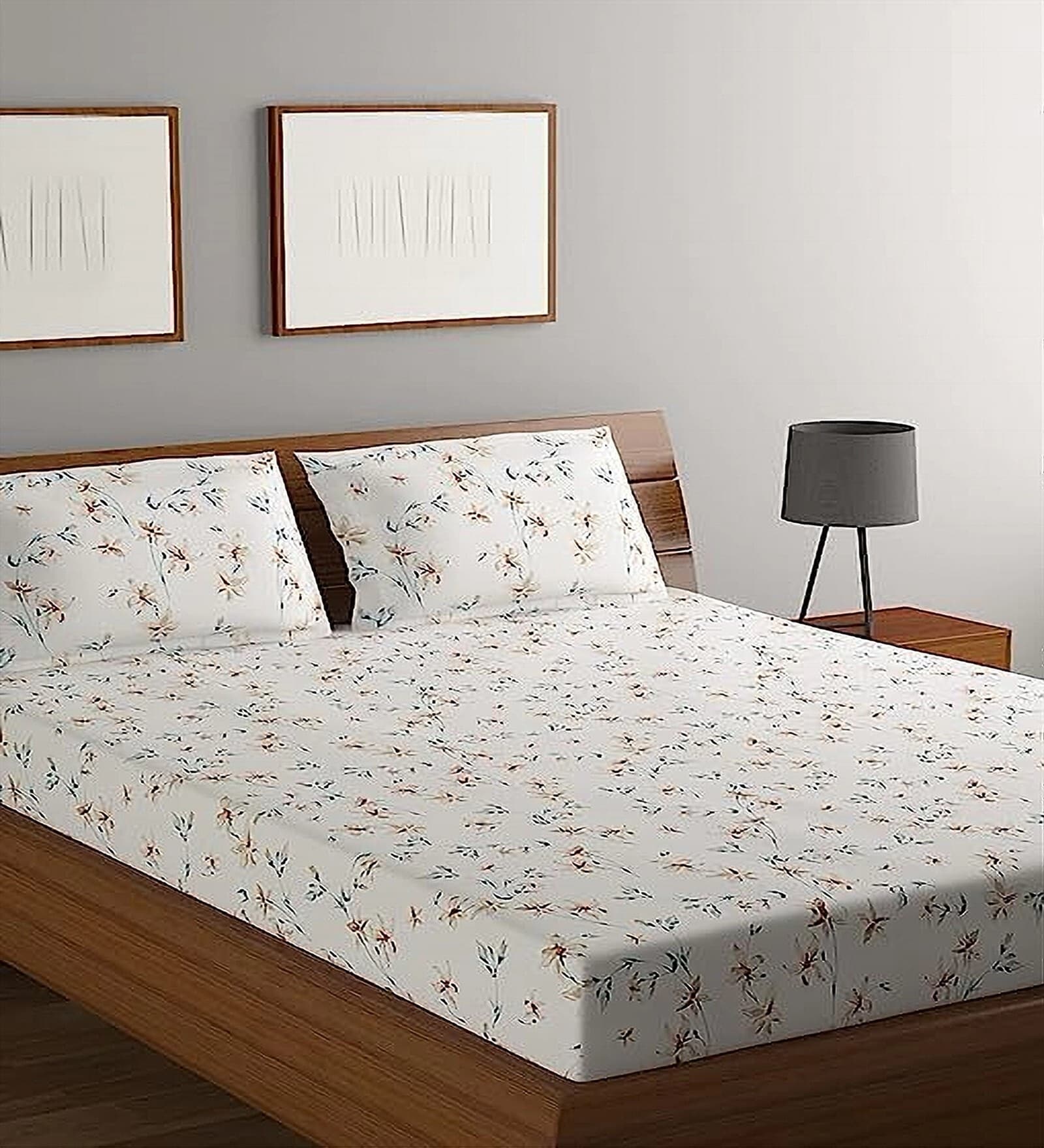 Beige Floral 164 TC Cotton Queen Bedsheet with 2 Pillow Covers