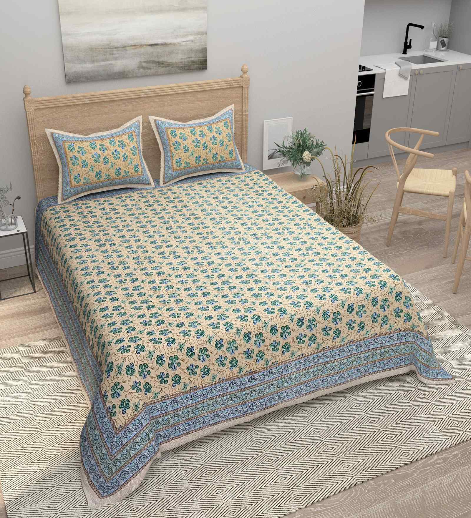 Beige Floral 180 TC Cotton  King Sized Bedsheet with 2 Pillow Covers