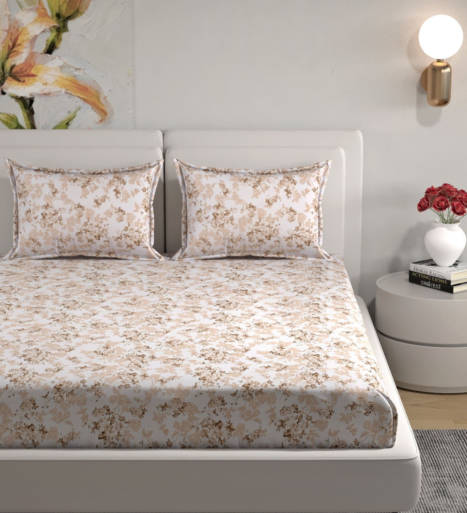 Beige Floral 180 TC Cotton King Bedhseet 2 pillow covers