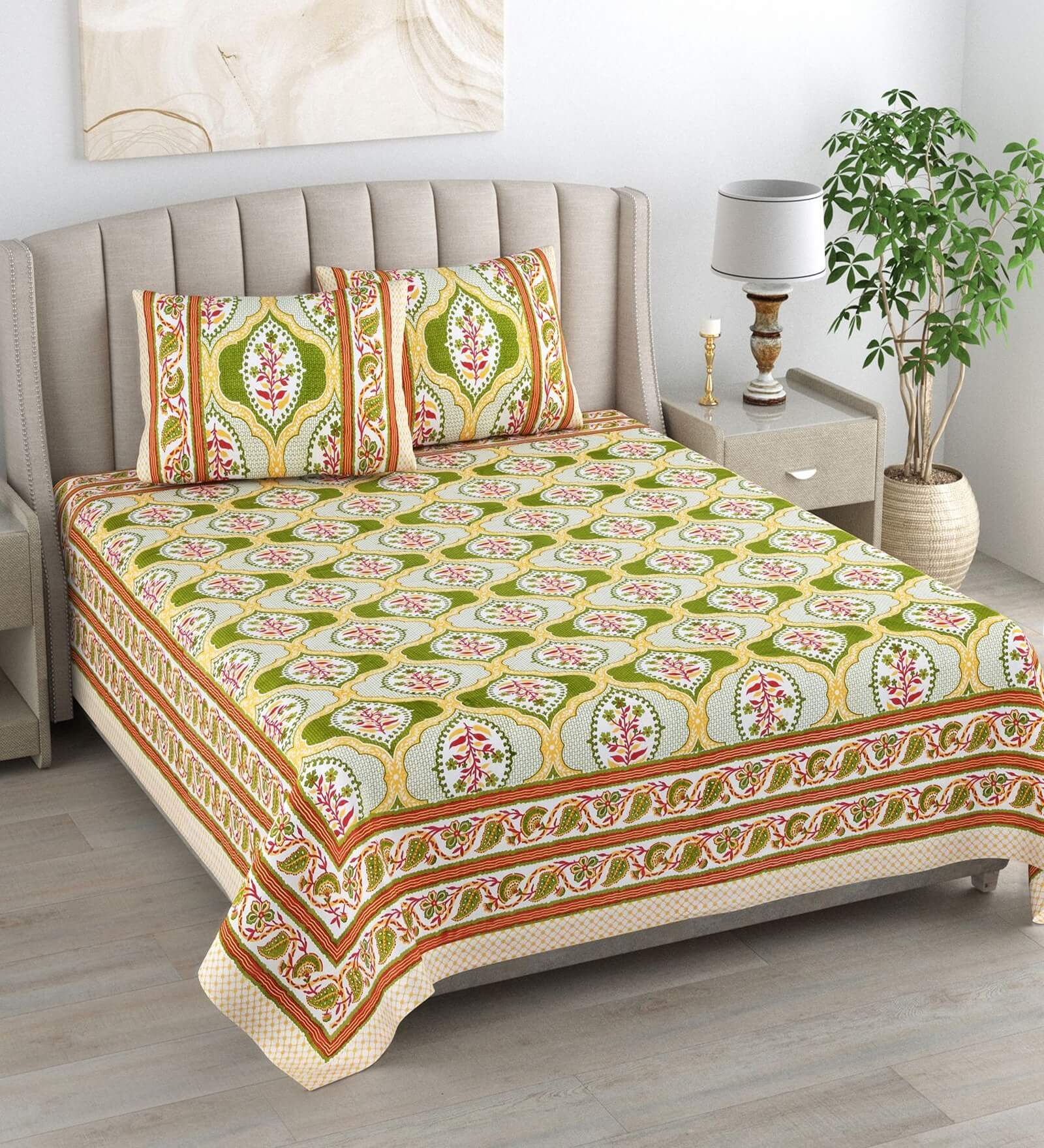 Beige Floral 180 TC Cotton King Size Bedsheet With 2 Pillow Cover