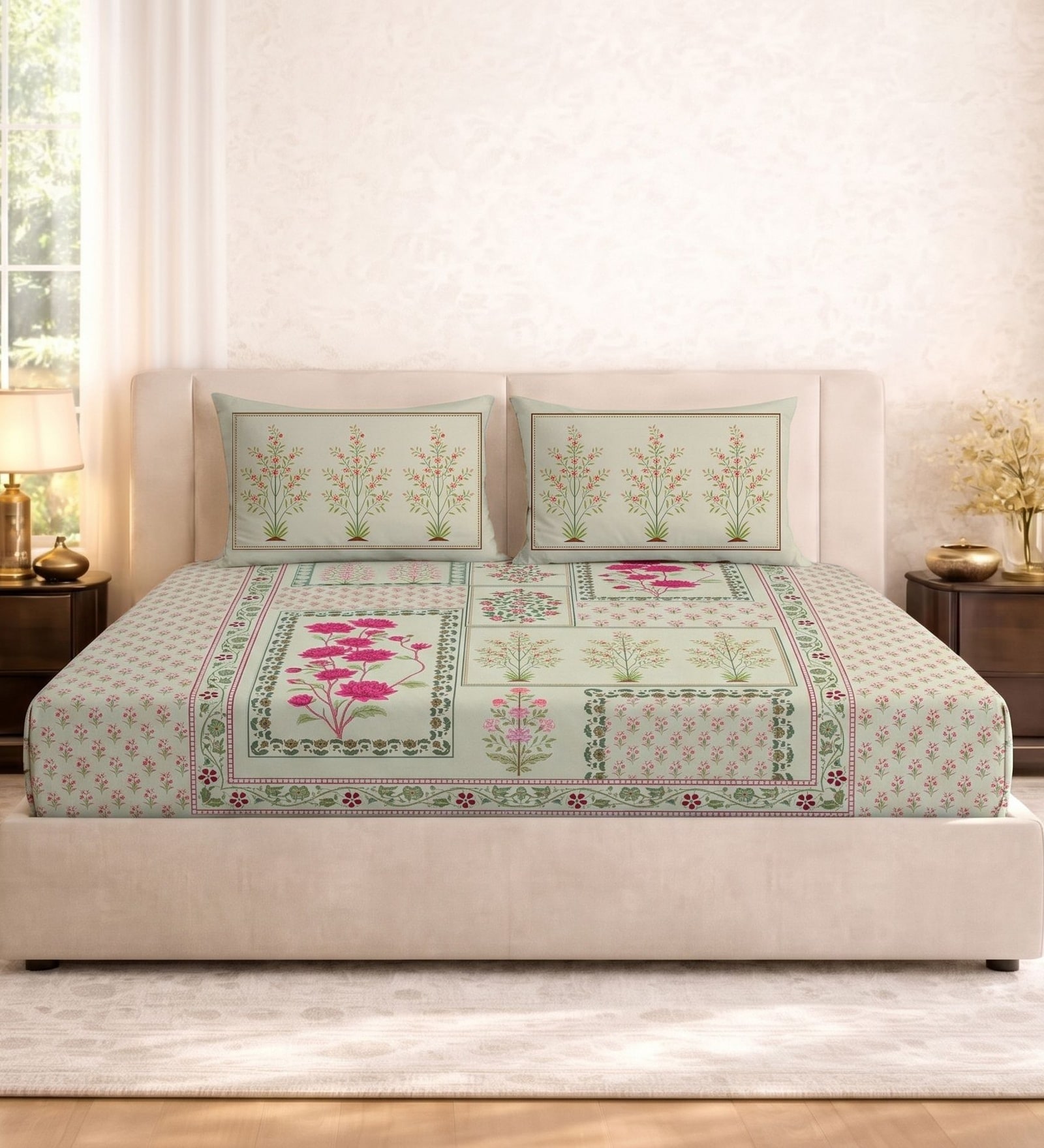 Beige Floral 180 TC Cotton King Sized Bedsheet With 2 Pillow Covers