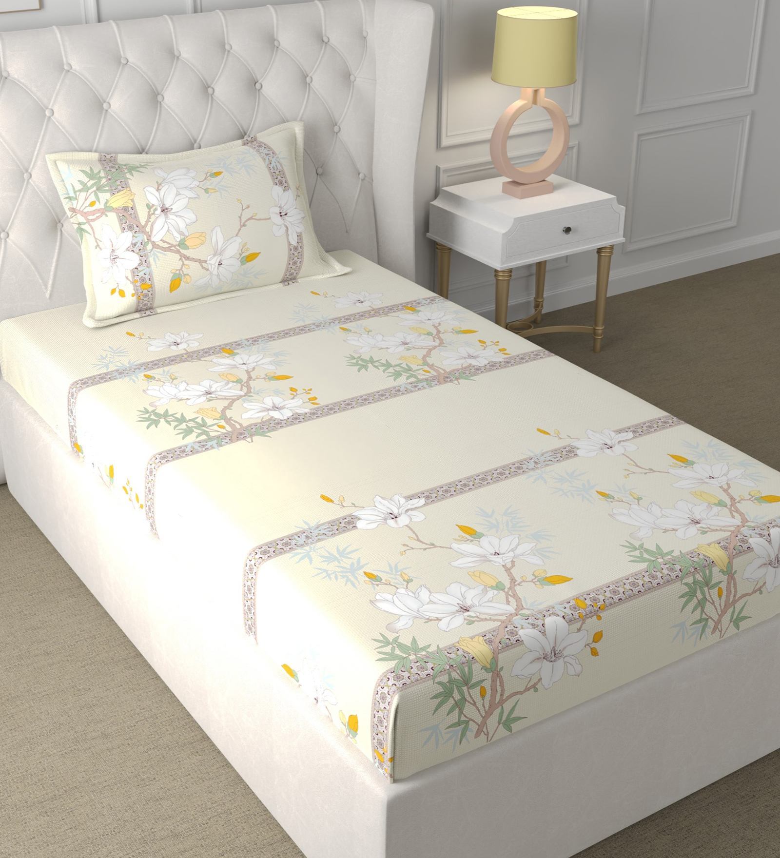 Beige Floral 180 TC Microfiber Single Bedsheet With 1 Pillow Cover