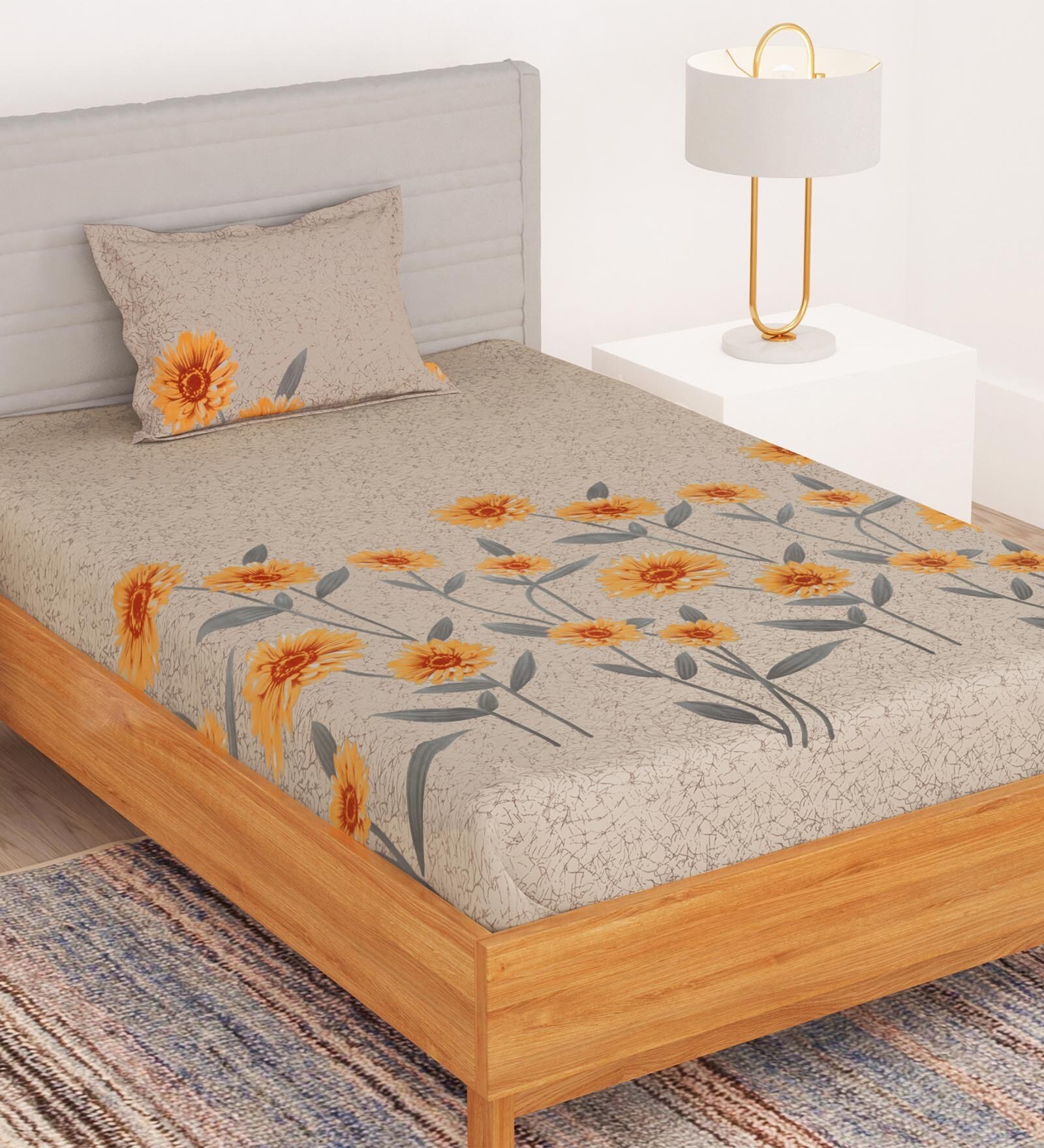 Buy Beige Floral 180 TC Microfiber Single Size Bedsheet with Pillow