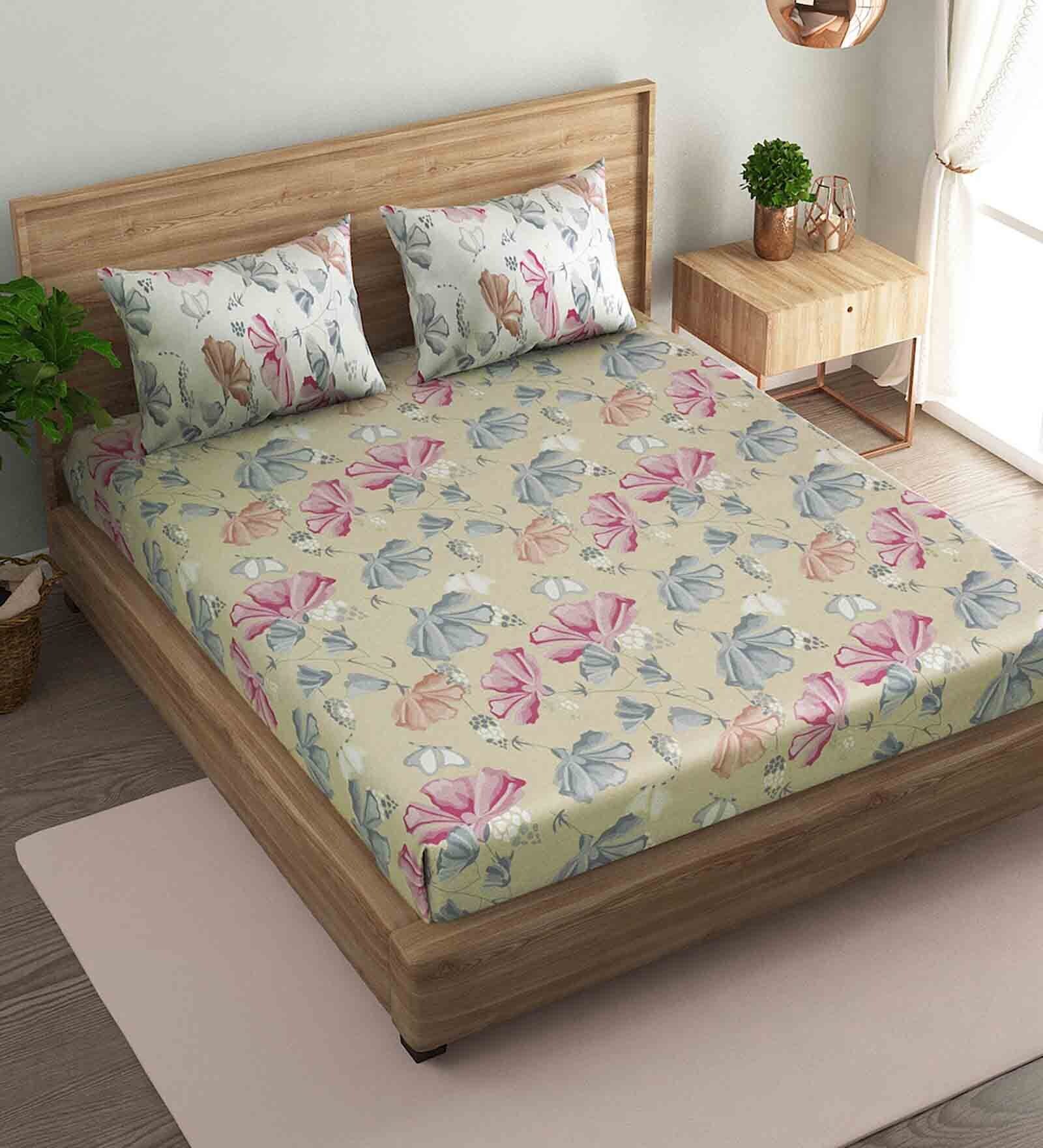 Beige Floral 186 TC Cotton Single Bed Sized Bed Sheets With 1 Pillow Cover