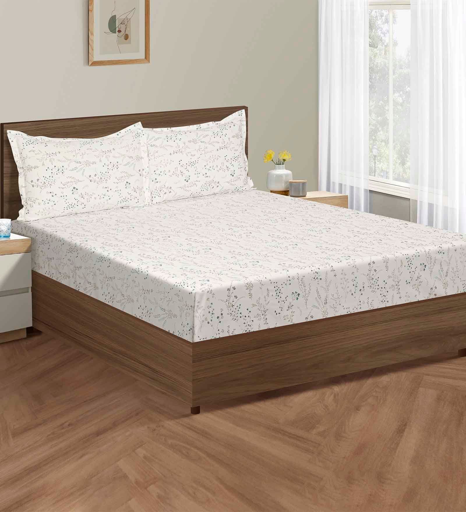 Beige Floral 200 TC Cotton Fitted Double Bedsheet with 2 pillow cover