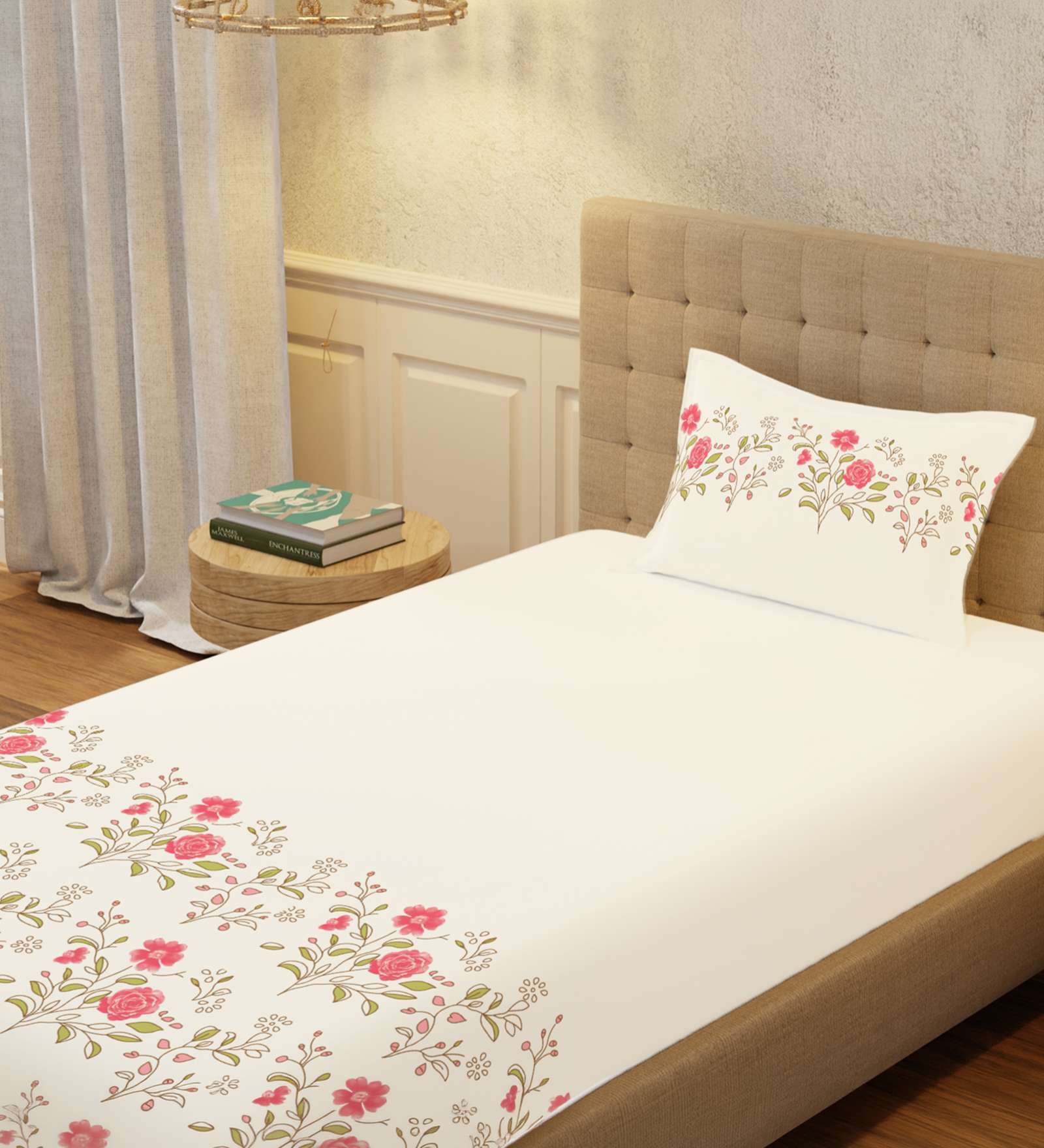 Beige Floral 200 TC Cotton Single Bedsheet with 1 Pillow Cover