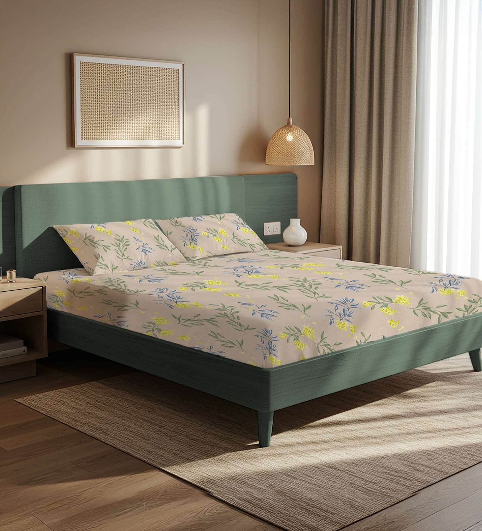 Beige Floral 200 TC Microfiber Double Bedsheet with 2 Pillow Covers
