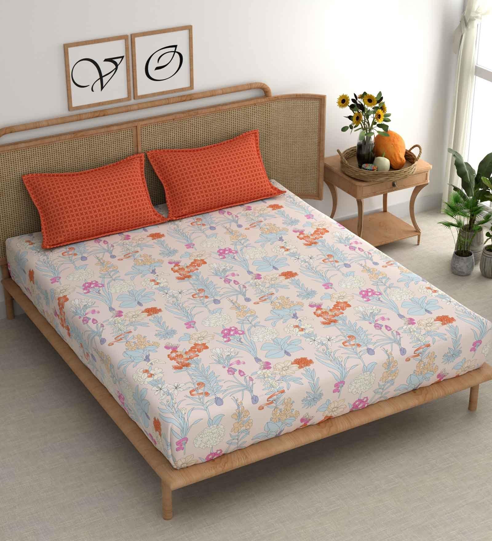 Beige Floral 210 TC Microfiber King Bedsheet With 2 Pillow Covers