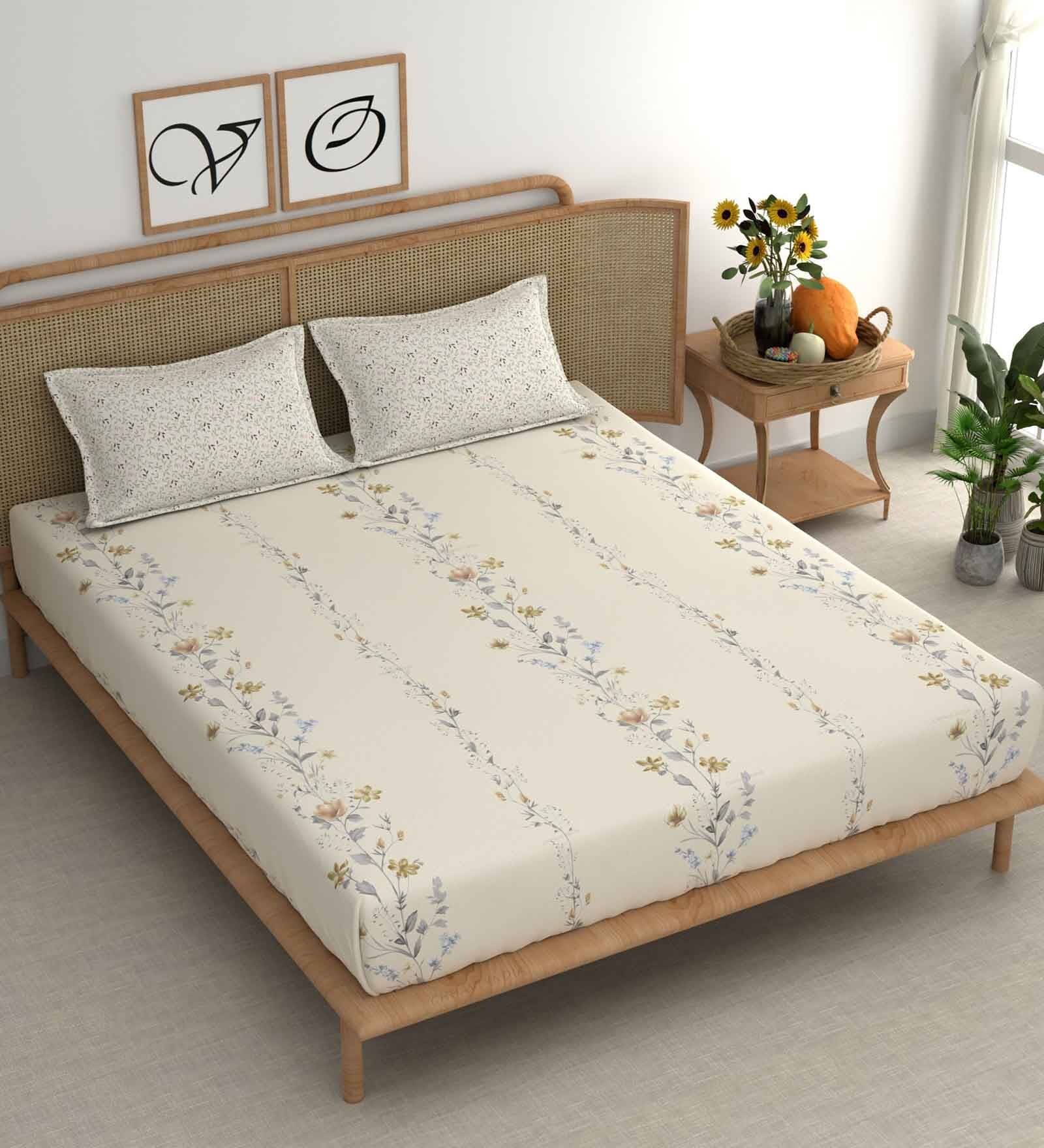 Beige Floral 210 TC Microfiber King Bedsheet With 2 Pillow Covers