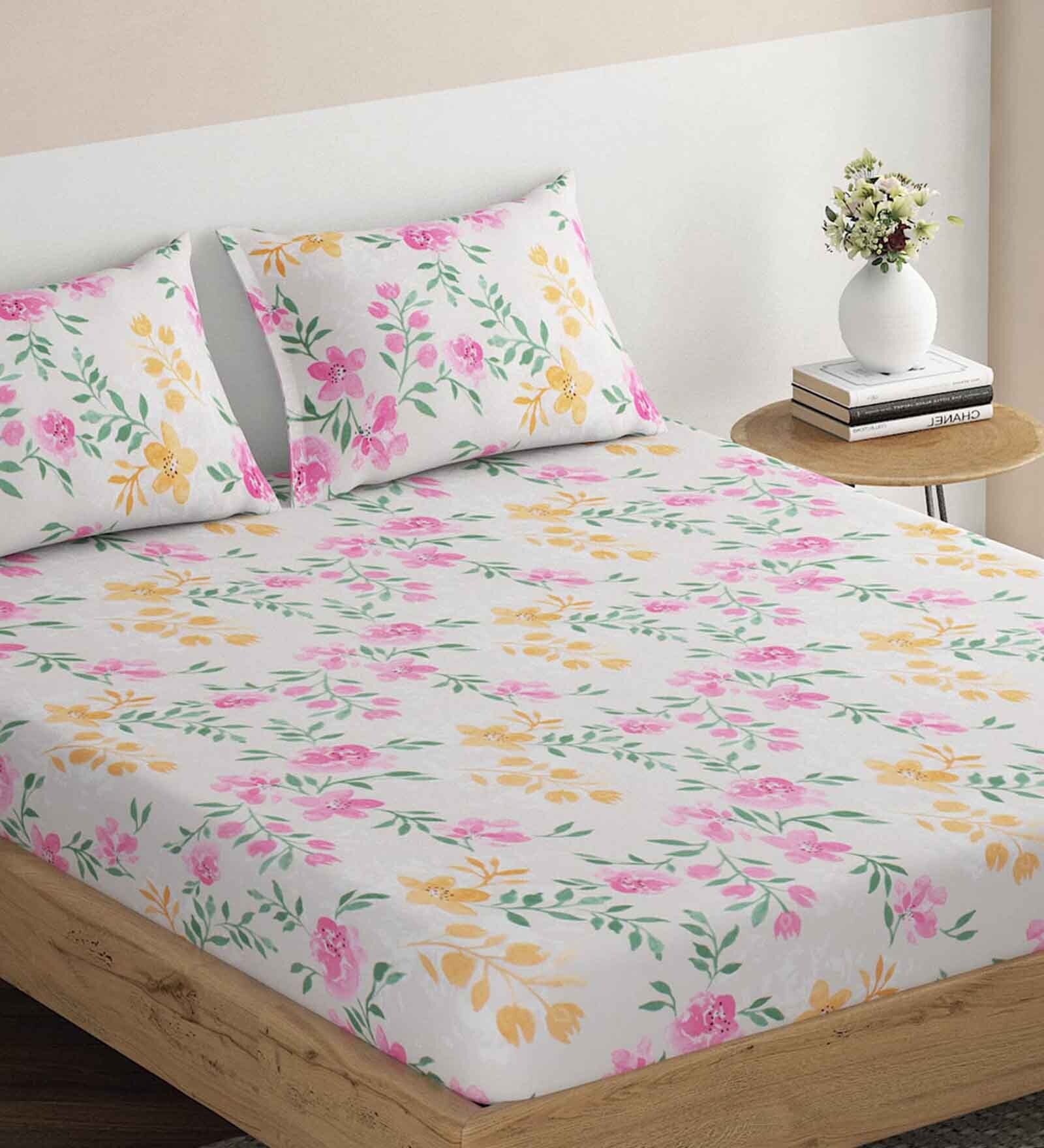 Multicolor Floral 220 TC Microfiber Double King Sized Bedsheet with 2 Pillow Covers