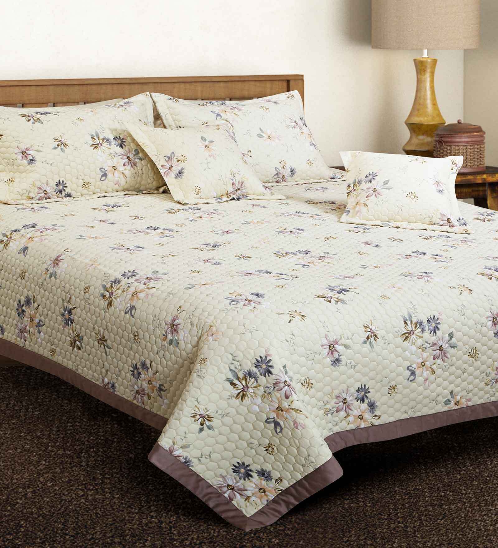 Beige Floral 250 TC Cotton Quilted Double Bed Cover with 2 Pillow Covers & 2 Cushion Covers with Filler Royale Collection