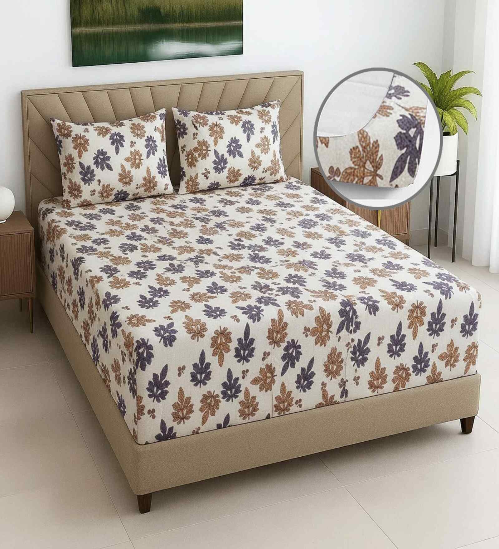 Beige Floral 270 TC Polcotton Queen Sized  Fitted Double Bedsheet with 2 Pillow Covers Luxury Series Collection