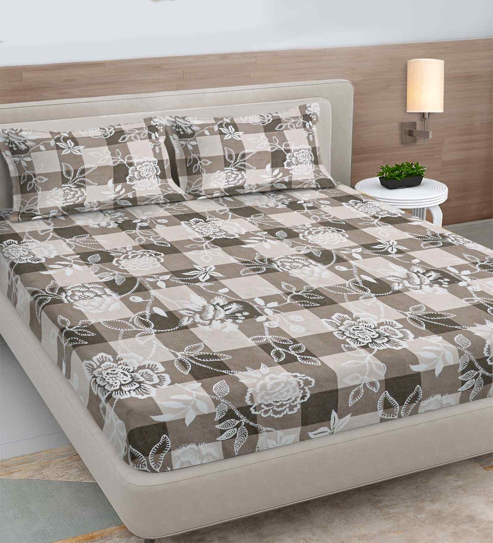 Beige Floral 300 TC Cotton Blend King Size Double Bedsheet with 2 Pillow Covers