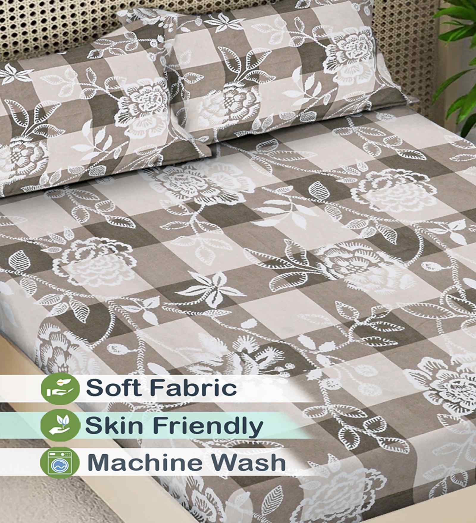 Beige Floral 300 TC Cotton Blend King Size Fitted Double Bedsheet with 2 Pillow Covers