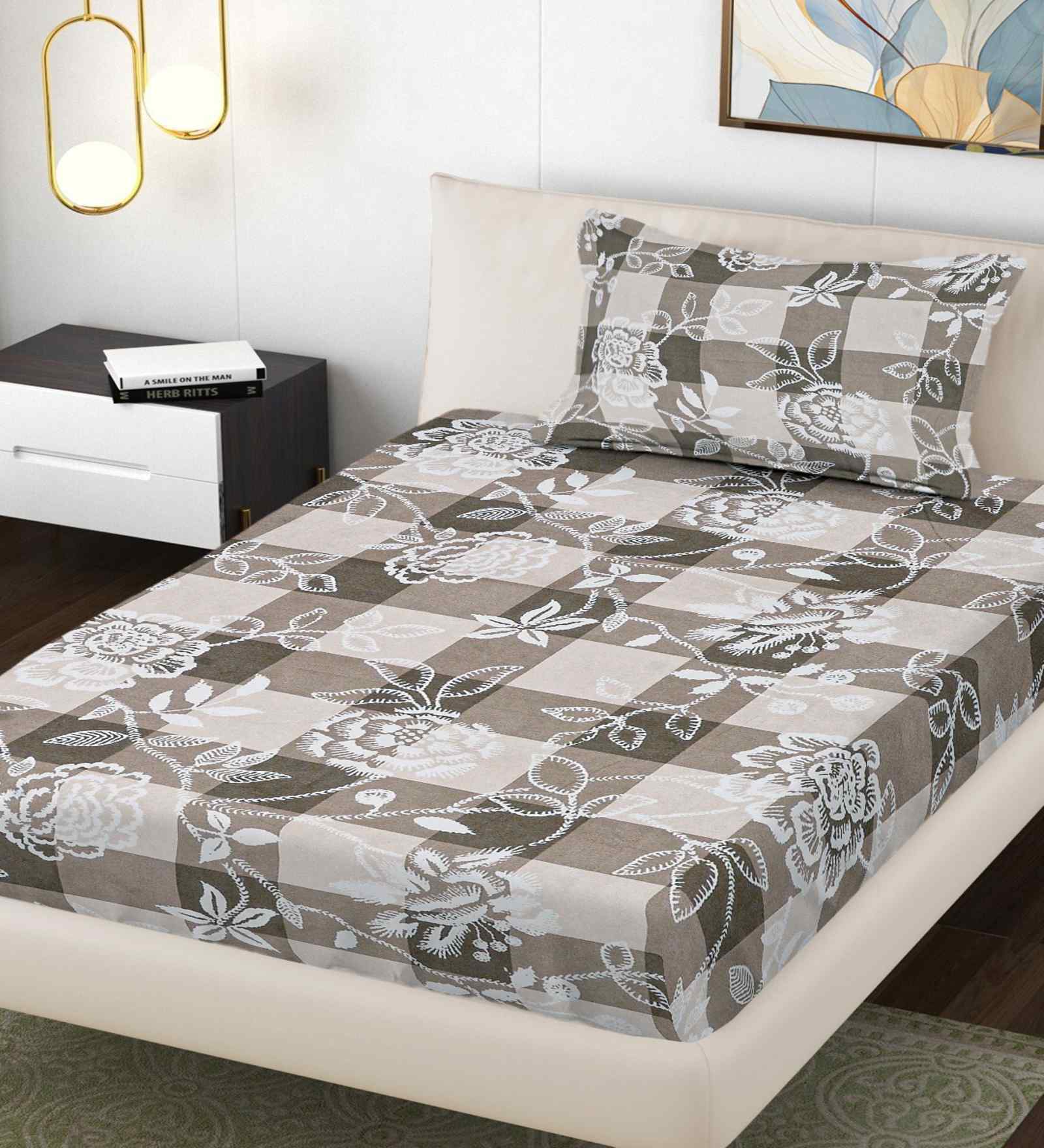 Beige Floral 300 TC Cotton Blend Single Bedsheet with 1 Pillow Cover