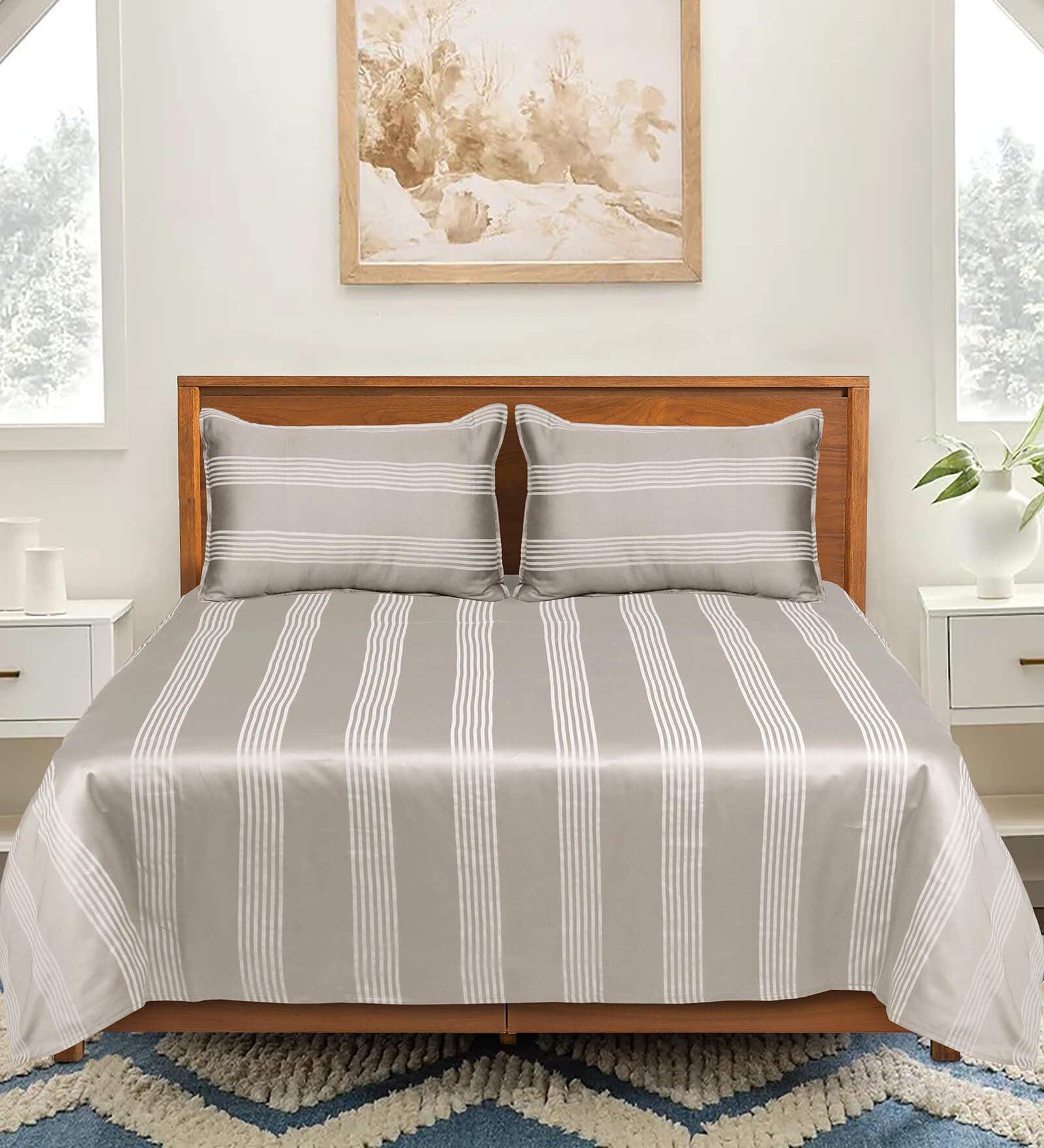 Beige Striped 300 TC Cotton King Bedsheet with 2 Pillow Covers