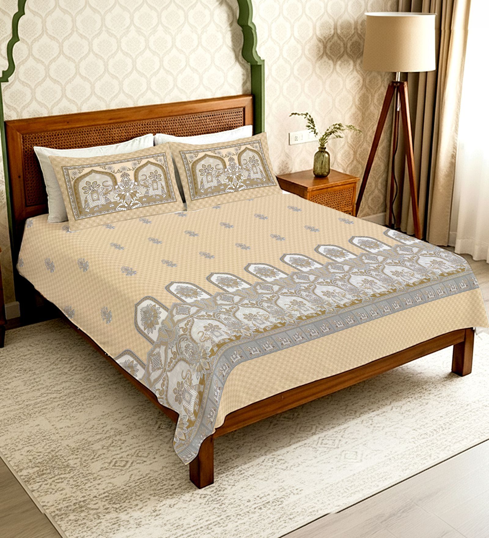 Beige Floral 300 TC Cotton King Sized Bedsheet with 2 Pillow Covers