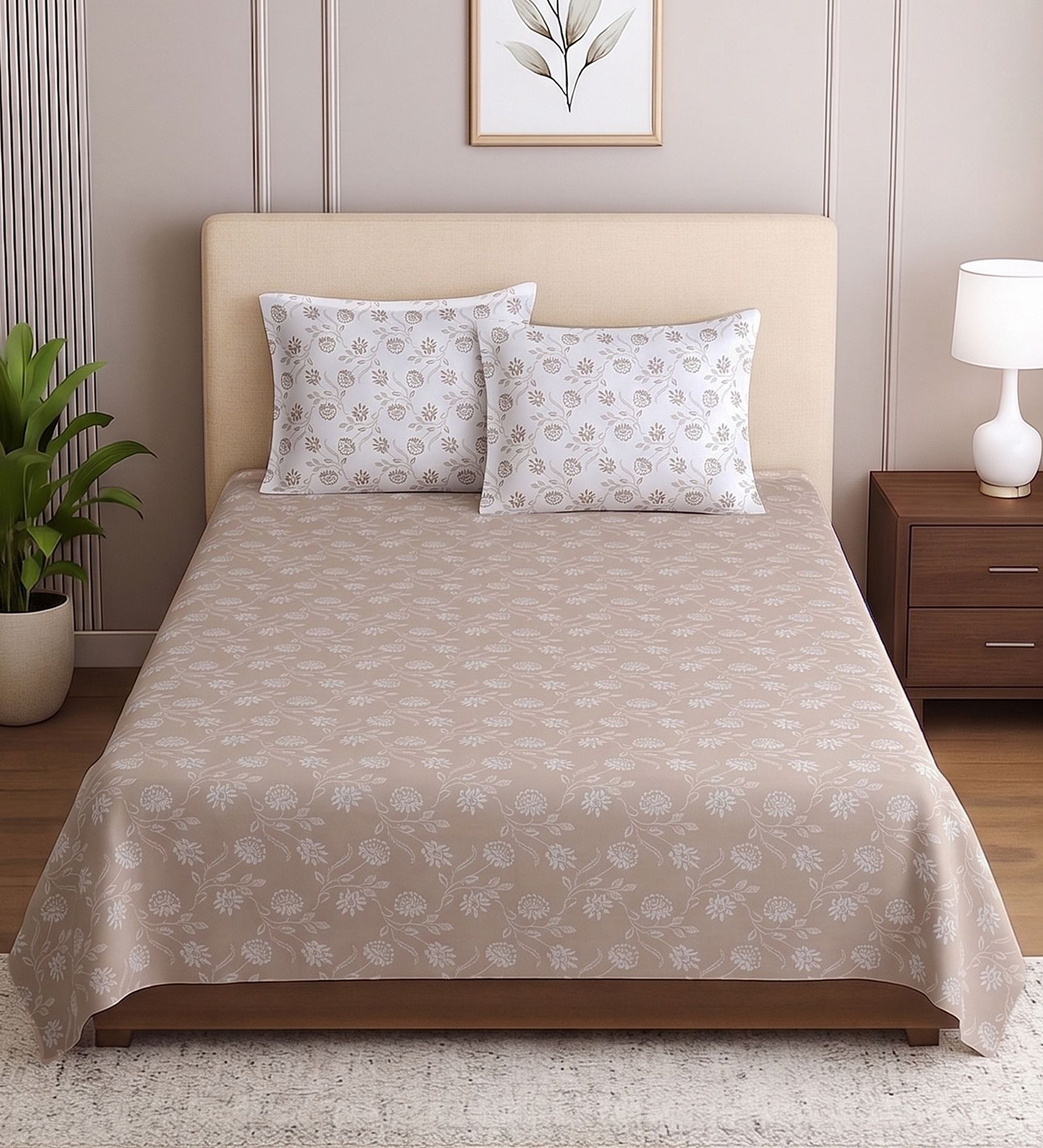 Beige Floral 400 TC Single Bedsheet with 2 Pillow Covers Luxury Series Collection