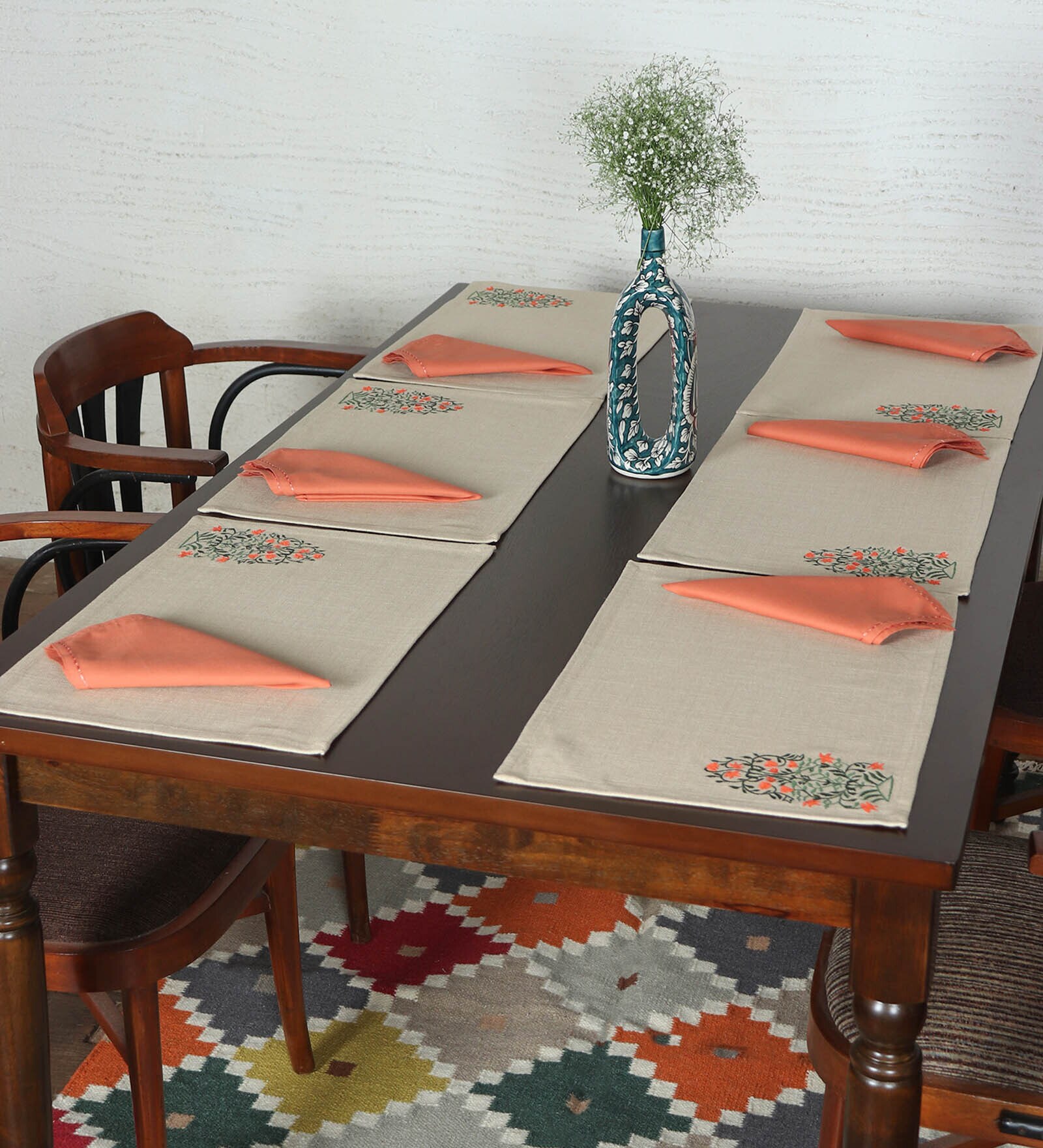 Beige Floral Cotton Blend (Set of 6) Placemat With Napkins