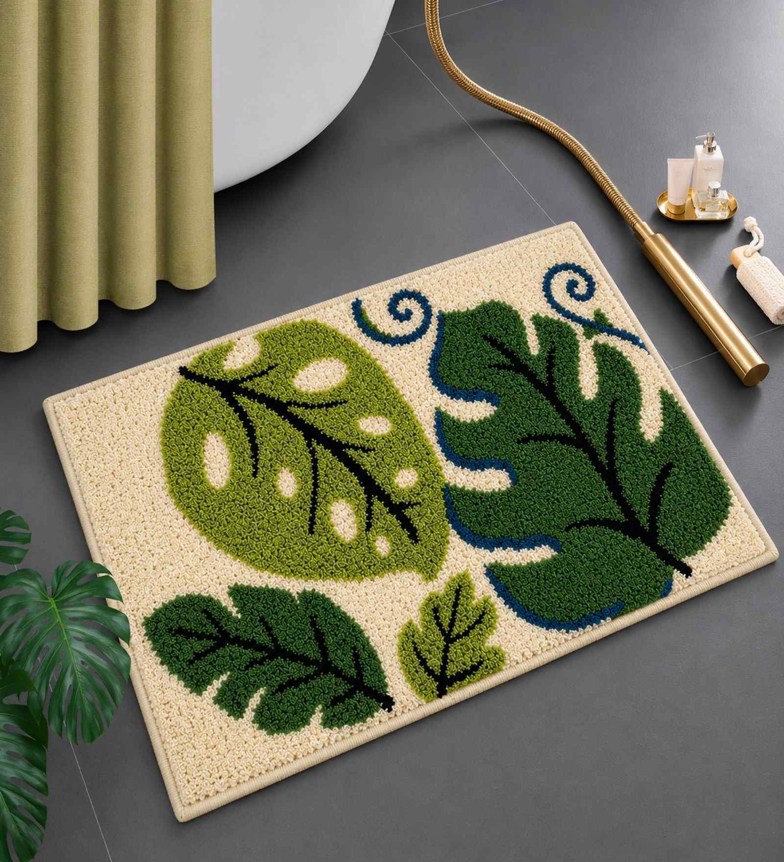 Beige Floral Microfibre 24X16 Inches Anti-Skid Bath Mat