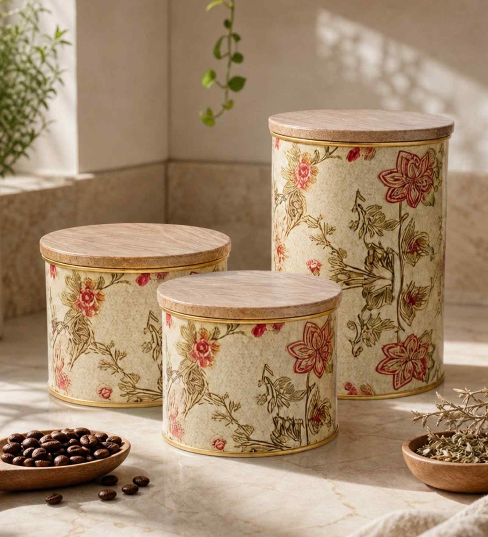 Beige Floral Printed Metal Airtight Containers With Wooden Lids Set Of 3