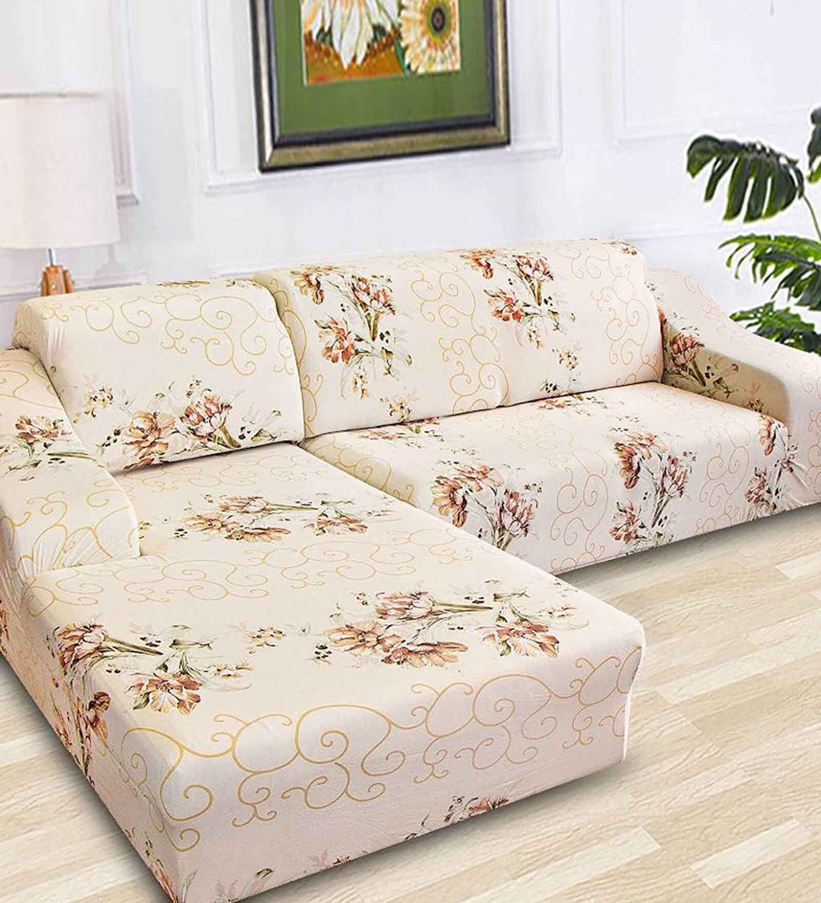 Beige Floral Viscose and Polyester (3 + Lounge) L-Shaped Stretchable Chaise Sofa Covers