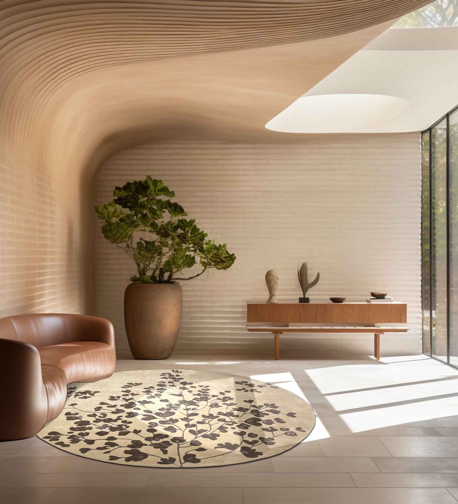 Beige Floral Wool 5 ft x 5 ft Hand Tufted Carpet