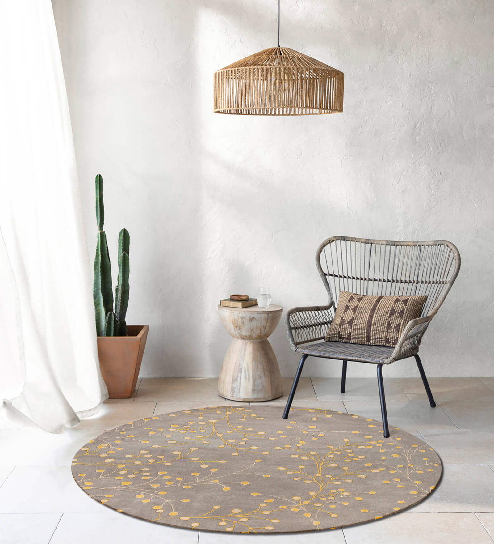Beige Floral Wool Hand Tufted Round Carpet