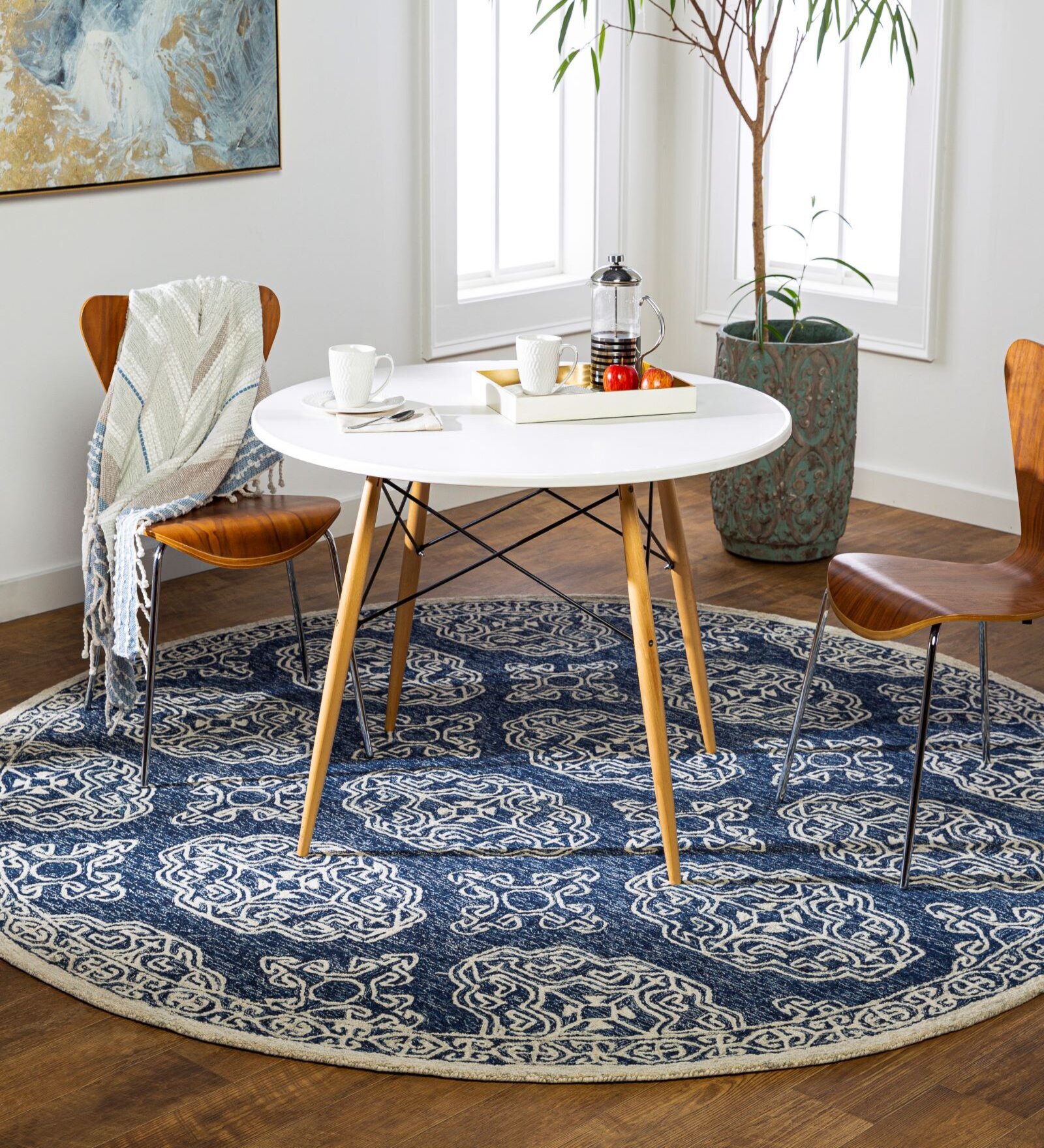 Beige Floral Wool Round Carpets Hand tufted Carpet