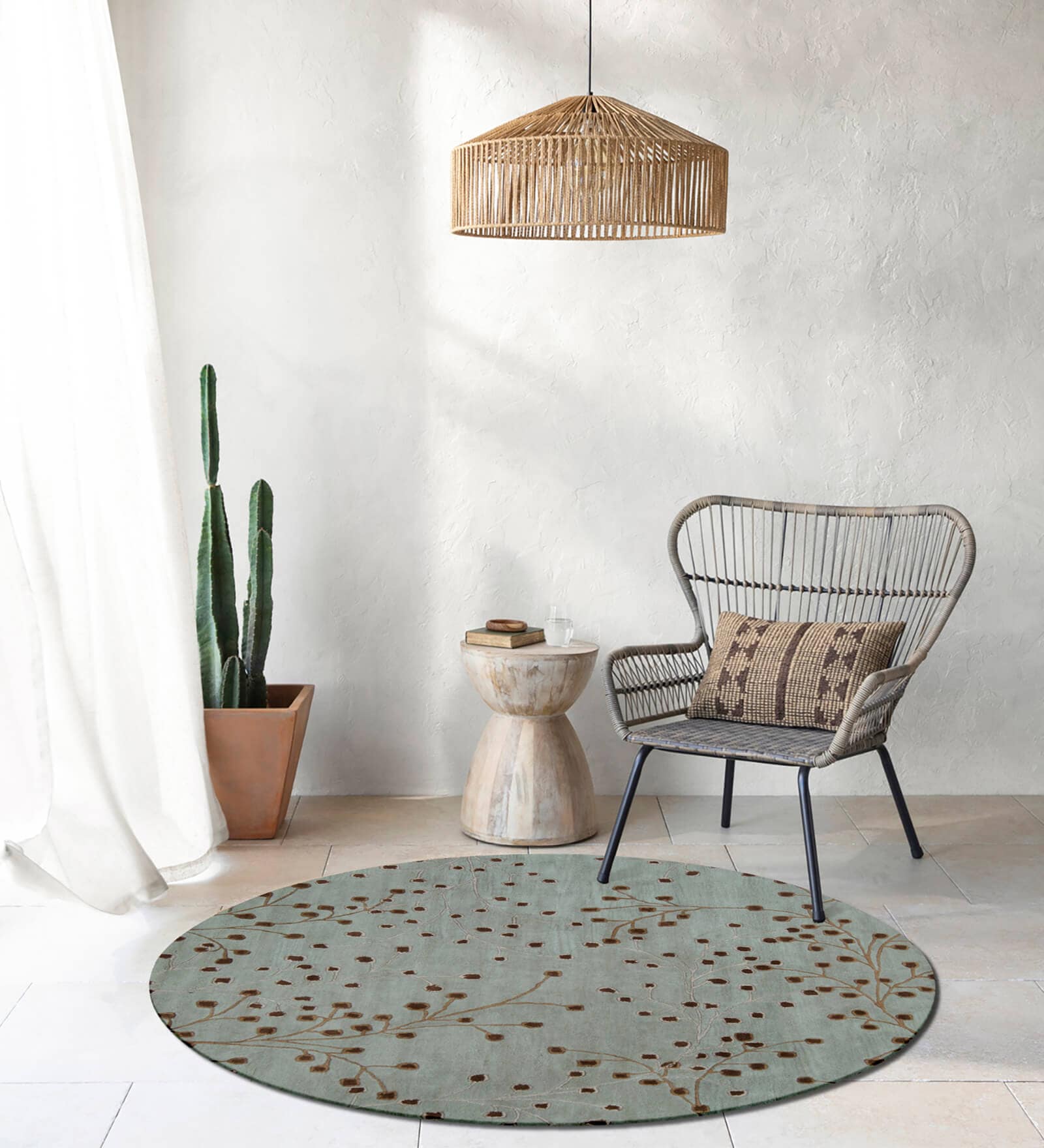Beige Floral Wool Round Hand Tufted Carpet