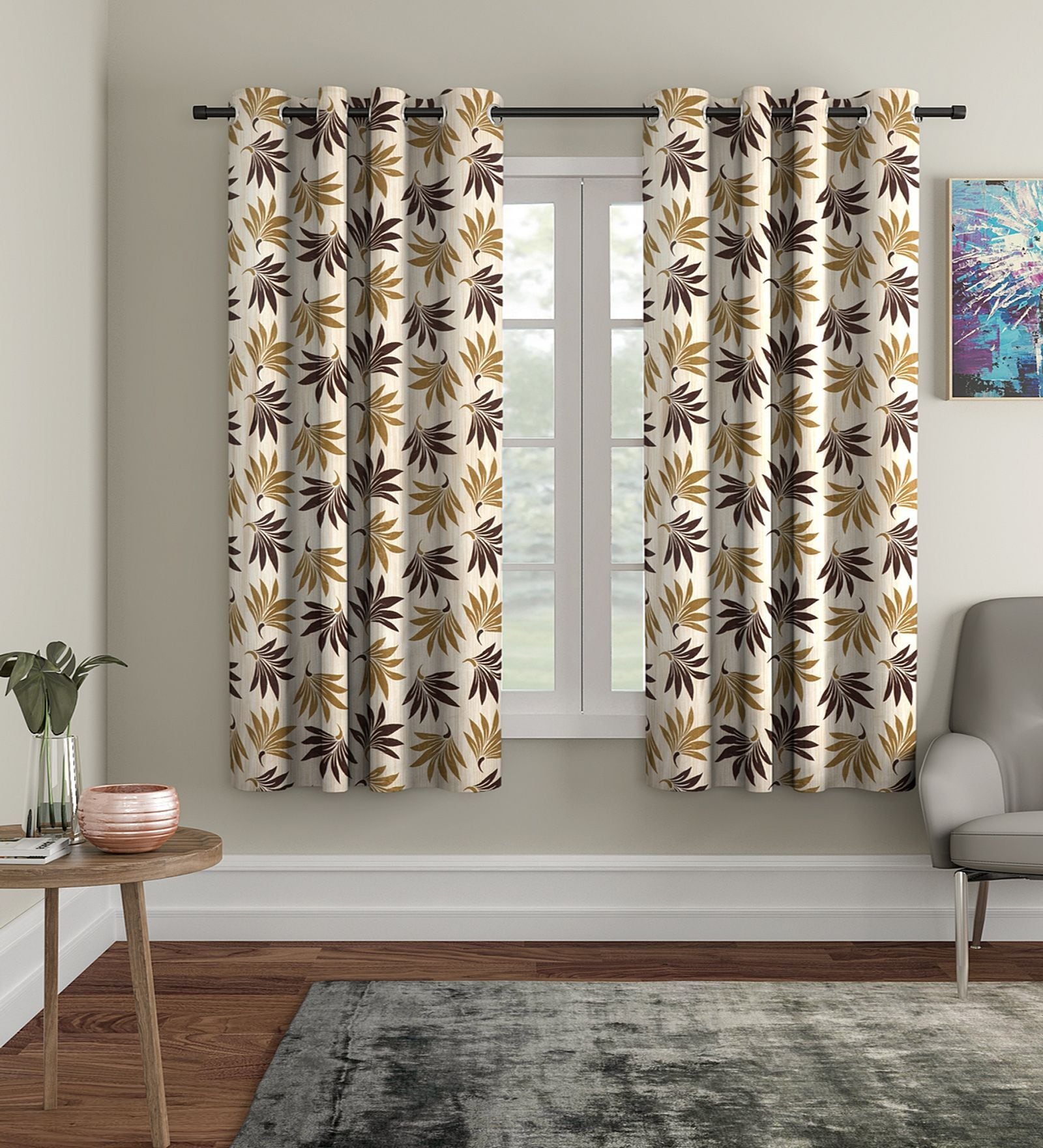 Beige Floral Polyester 5Ft Semisheer Eyelet Window Curtains (Set Of 2)