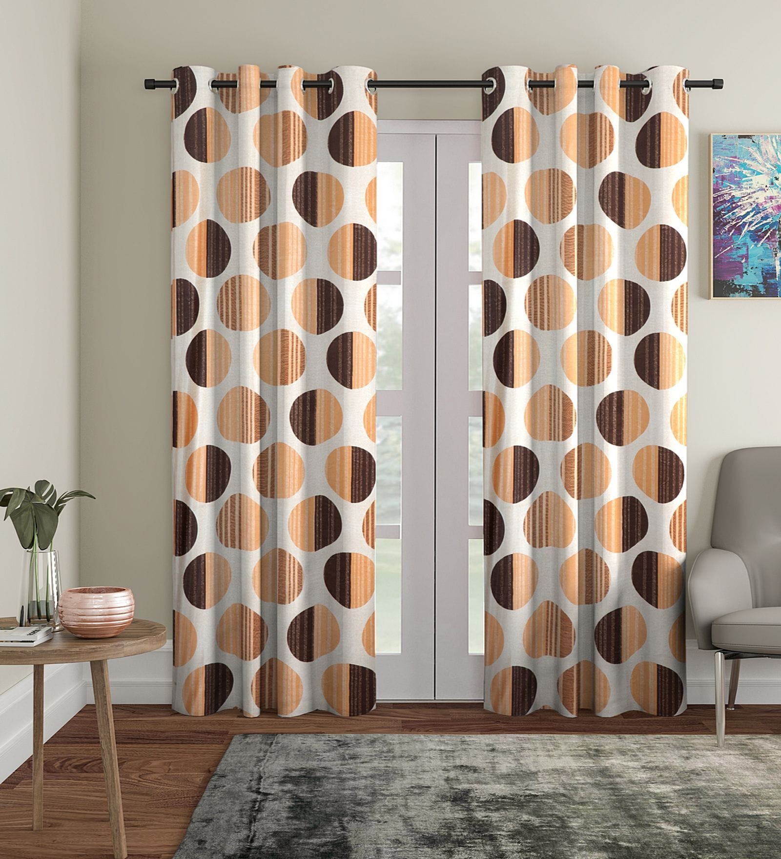 Beige Floral Polyester 7Ft Semisheer Eyelet Door Curtains (Set Of 2)