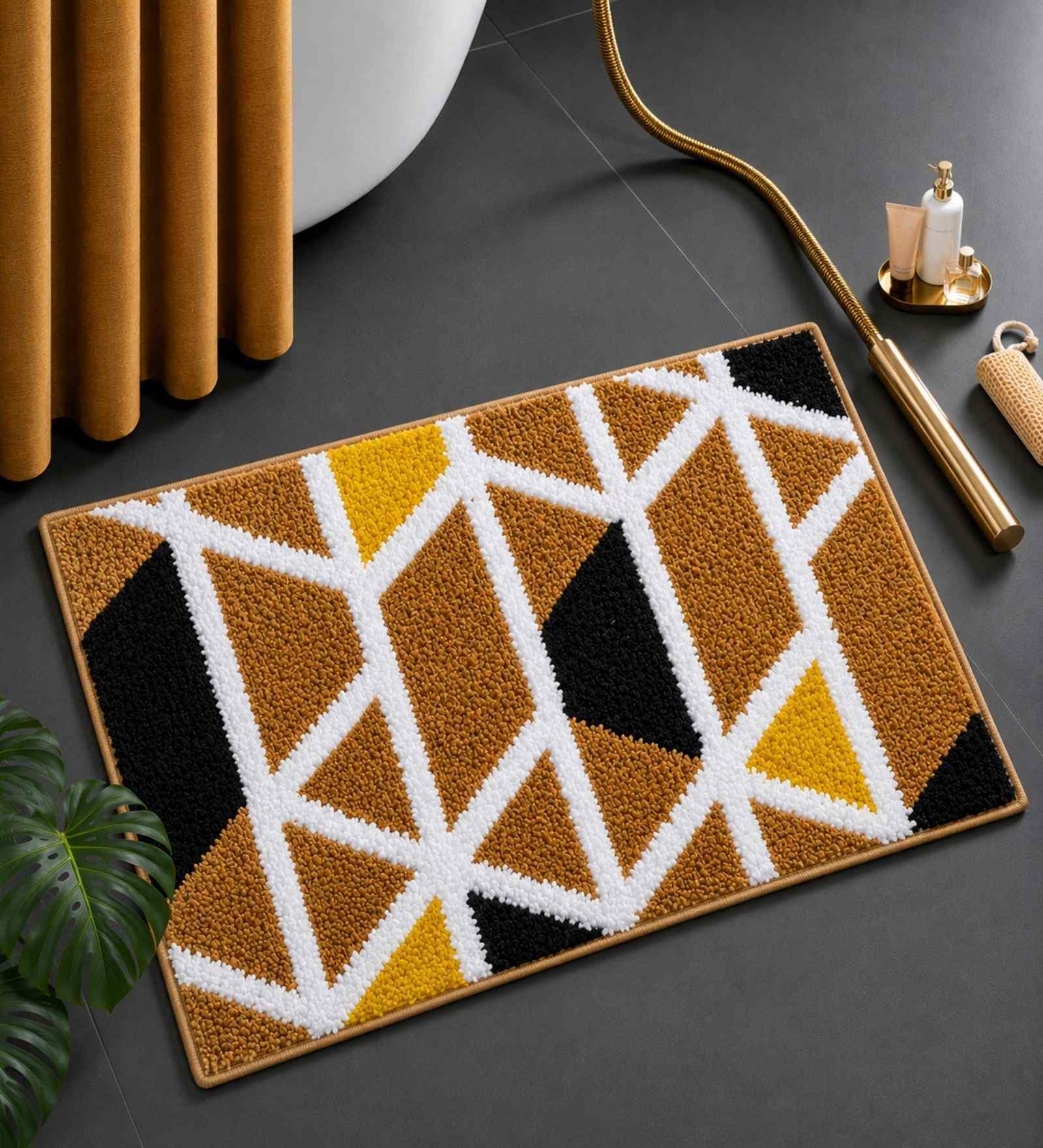 Beige Geomatric Microfibre 24X16 Inches Anti-Skid Bath Mat