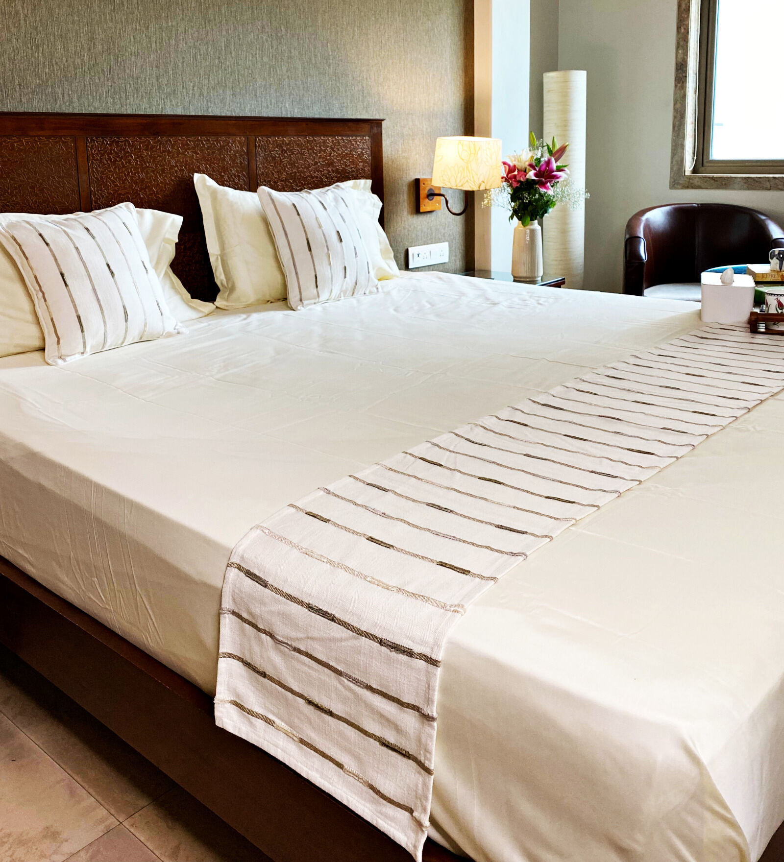 Beige Striped 100% Cotton 96 x 18 Inches Bed Runner