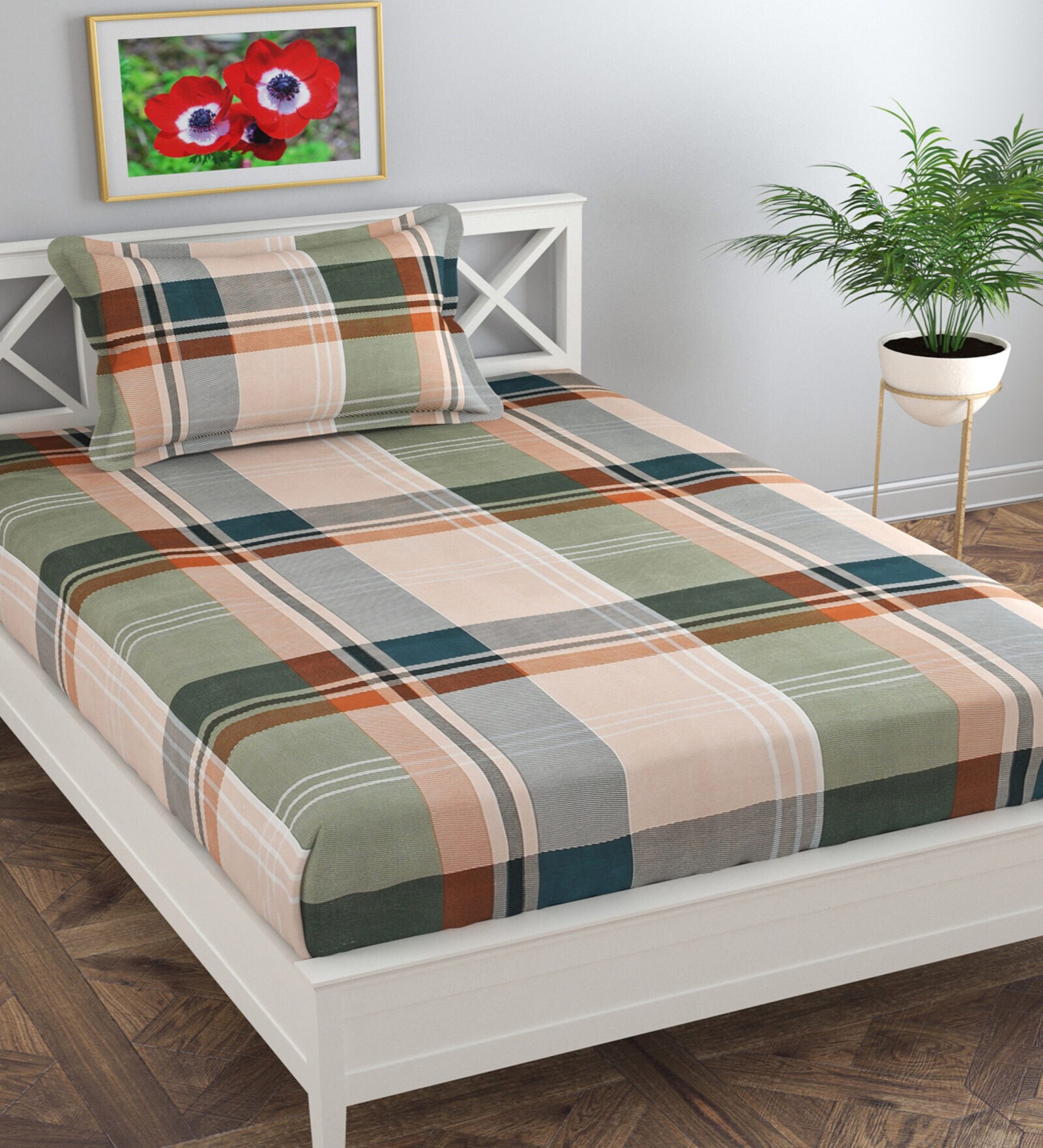 Beige Geometric 120 TC Poly Cotton Single Bed Sized Bed Sheets With 1 Pillow Cover