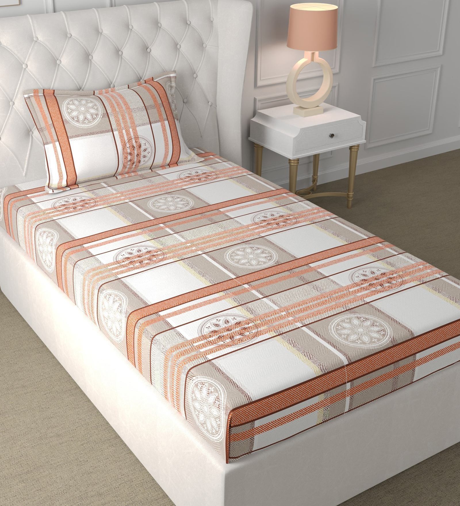 Beige Geometric 180 TC Microfiber Single Bedsheet With 1 Pillow Cover
