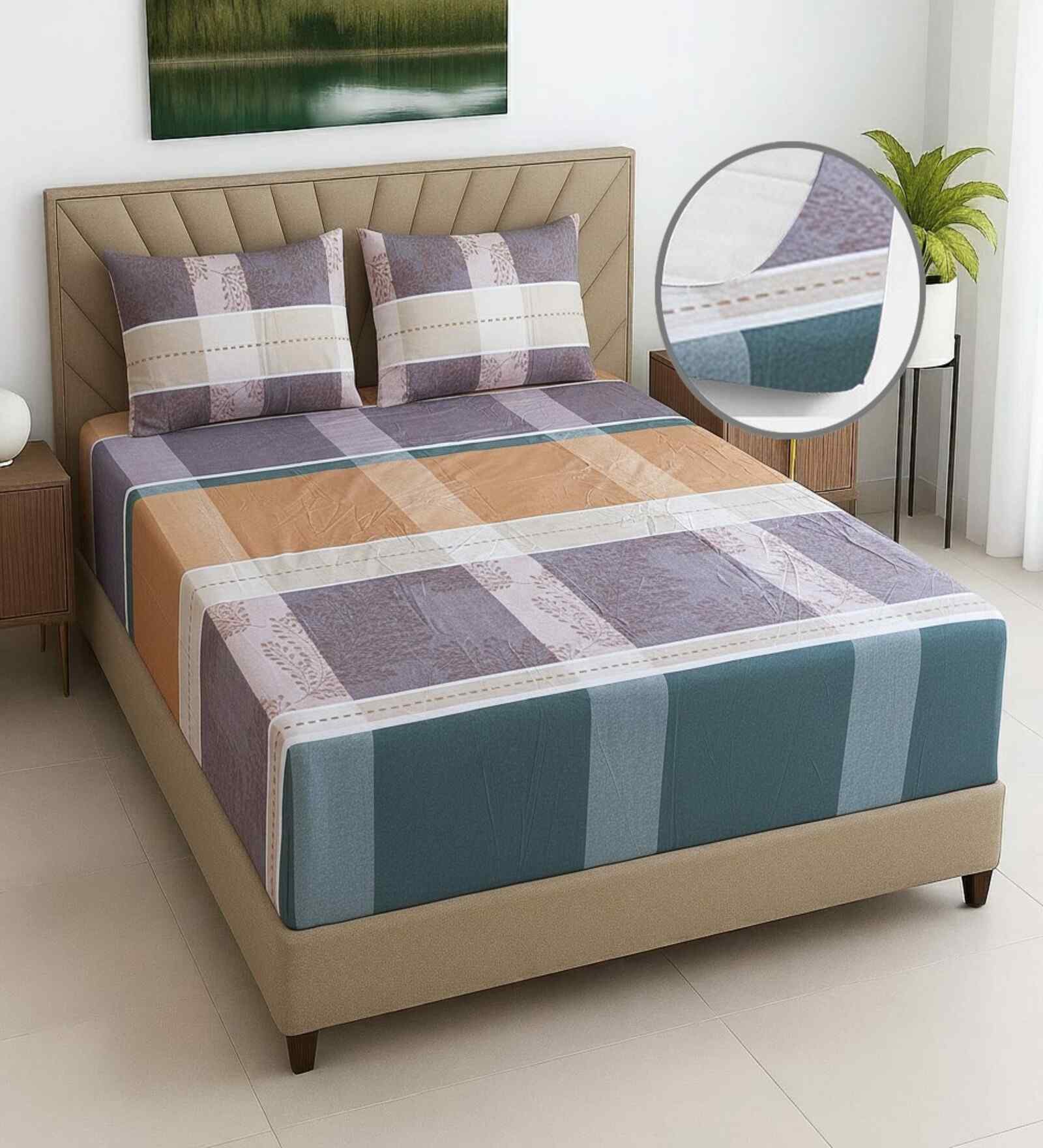 Beige Geometric 270 TC Polcotton Queen Sized  Fitted Double Bedsheet with 2 Pillow Covers Luxury Series Collection