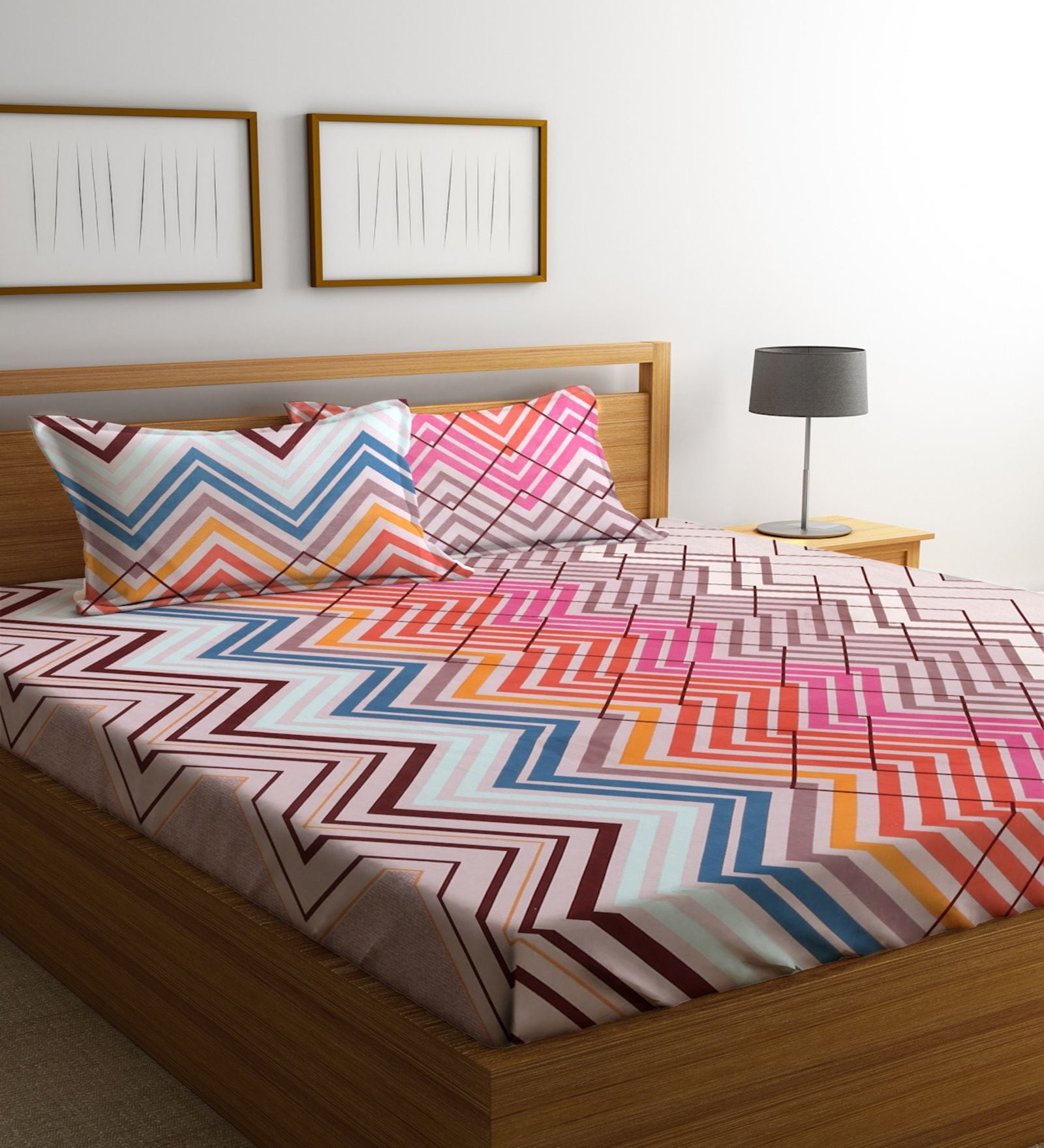 Olive Geometric 300 Tc Cotton Blend Double King Size Bedsheet With 2 Pillow Covers