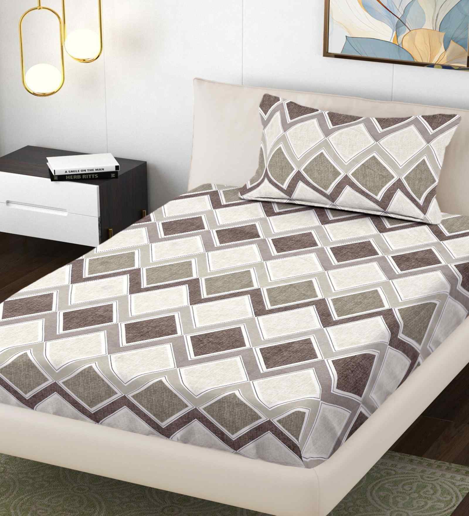 Beige Geometric 300 TC Cotton Blend Single Bedsheet with 1 Pillow Cover